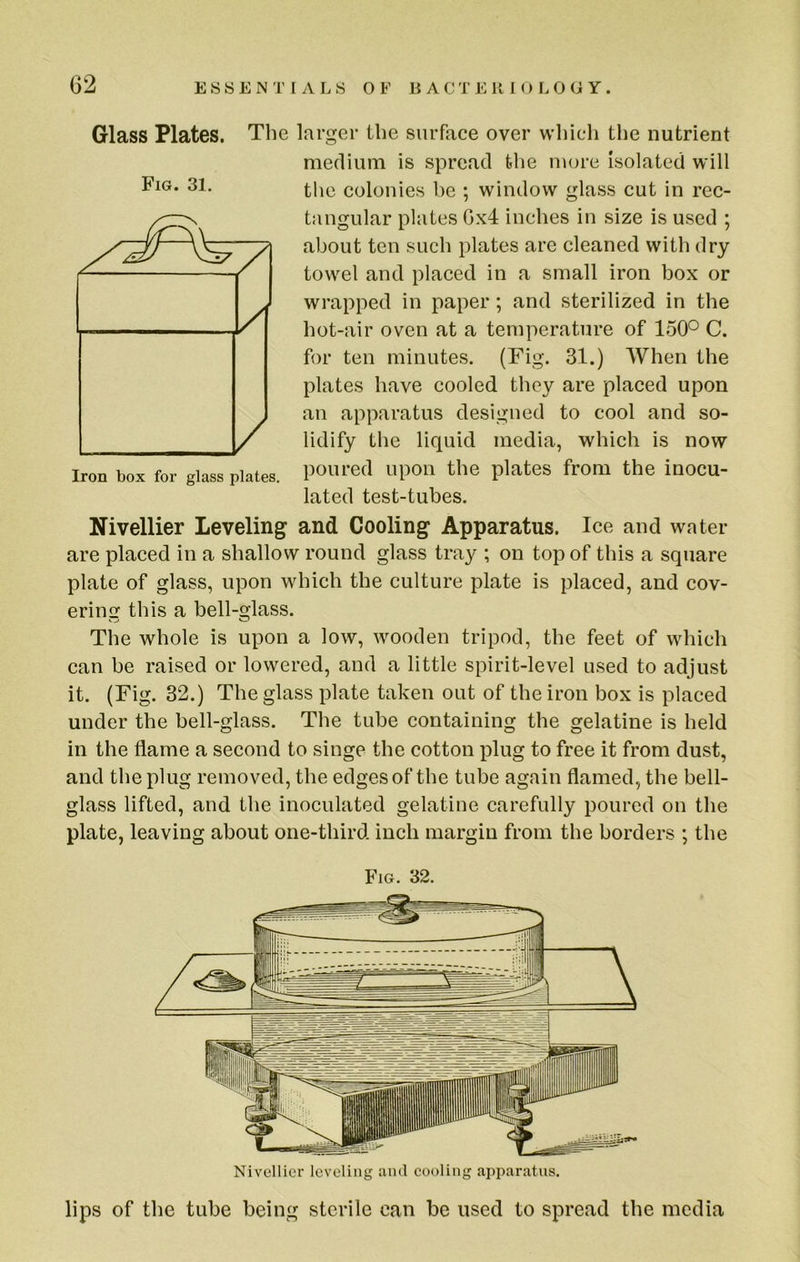 Glass Plates. Fig. 31. The larger the surface over which the nutrient medium is spread the more isolated will the colonies be ; window glass cut in rec- tangular plates 0x4 inches in size is used ; about ten such plates are cleaned with dry towel and placed in a small iron box or wrapped in paper; and sterilized in the hot-air oven at a temperature of 150° C. for ten minutes. (Fig. 31.) When the plates have cooled they are placed upon an apparatus designed to cool and so- lidify the liquid media, which is now poured upon the plates from the inocu- lated test-tubes. Nivellier Leveling and Cooling Apparatus. Ice and water are placed in a shallow round glass tray ; on top of this a square plate of glass, upon which the culture plate is placed, and cov- ering this a bell-glass. The whole is upon a low, wooden tripod, the feet of which can be raised or lowered, and a little spirit-level used to adjust it. (Fig. 32.) The glass plate taken out of the iron box is placed under the bell-glass. The tube containing the gelatine is held in the flame a second to singe the cotton plug to free it from dust, and the plug removed, the edges of the tube again flamed, the bell- glass lifted, and the inoculated gelatine carefully poured on the plate, leaving about one-third inch margin from the borders ; the Fig. 32. Nivellier leveling ami cooling apparatus. lips of the tube being sterile can be used to spread the media