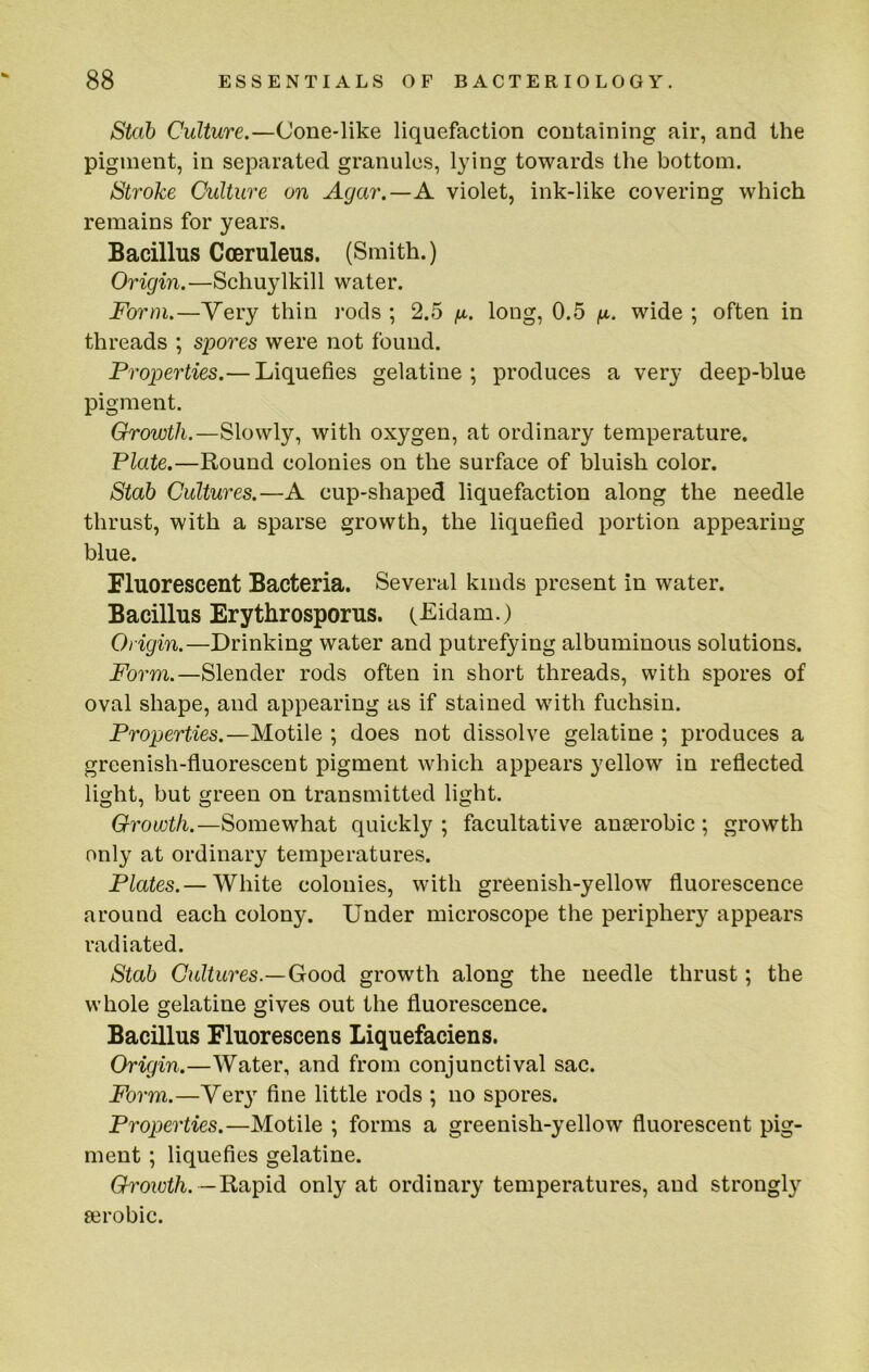Stab Culture,—Cone-like liquefaction containing air, and the pigment, in separated granules, lying towards the bottom. Stroke Culture on Agar.—A violet, ink-like covering which remains for years. Bacillus Coeruleus. (Smith.) Origin.—Schuylkill water. Form.—Very thin rods ; 2.5 (jl. long, 0.5 fi. wide ; often in threads ; spores were not found. Properties.— Liquefies gelatine; produces a very deep-blue pigment. Growth.—Slowly, with oxygen, at ordinary temperature. Plate.—Round colonies on the surface of bluish color. Stab Cultures.—A cup-shaped liquefaction along the needle thrust, with a sparse growth, the liquefied portion appearing blue. Fluorescent Bacteria. Several kinds present in water. Bacillus Erythrosporus. (Eidam.) Origin.—Drinking water and putrefying albuminous solutions. Form.—Slender rods often in short threads, with spores of oval shape, and appearing as if stained with fuchsin. Properties.—Motile ; does not dissolve gelatine ; produces a greenish-fluorescent pigment which appears yellow in reflected light, but green on transmitted light. Growth.—Somewhat quickly ; facultative anaerobic; growth only at ordinary temperatures. Plates.— White colonies, with greenish-yellow fluorescence around each colony. Under microscope the periphery appears radiated. Stab Cultures—Goodi growth along the needle thrust; the whole gelatine gives out the fluorescence. Bacillus Fluorescens Liquefaciens. Origin.—Water, and from conjunctival sac. Form.—Very flne little rods ; no spores. Properties.—Motile ; forms a greenish-yellow fluorescent pig- ment ; liquefies gelatine. Growth.only at ordinary temperatures, and strongly aerobic.