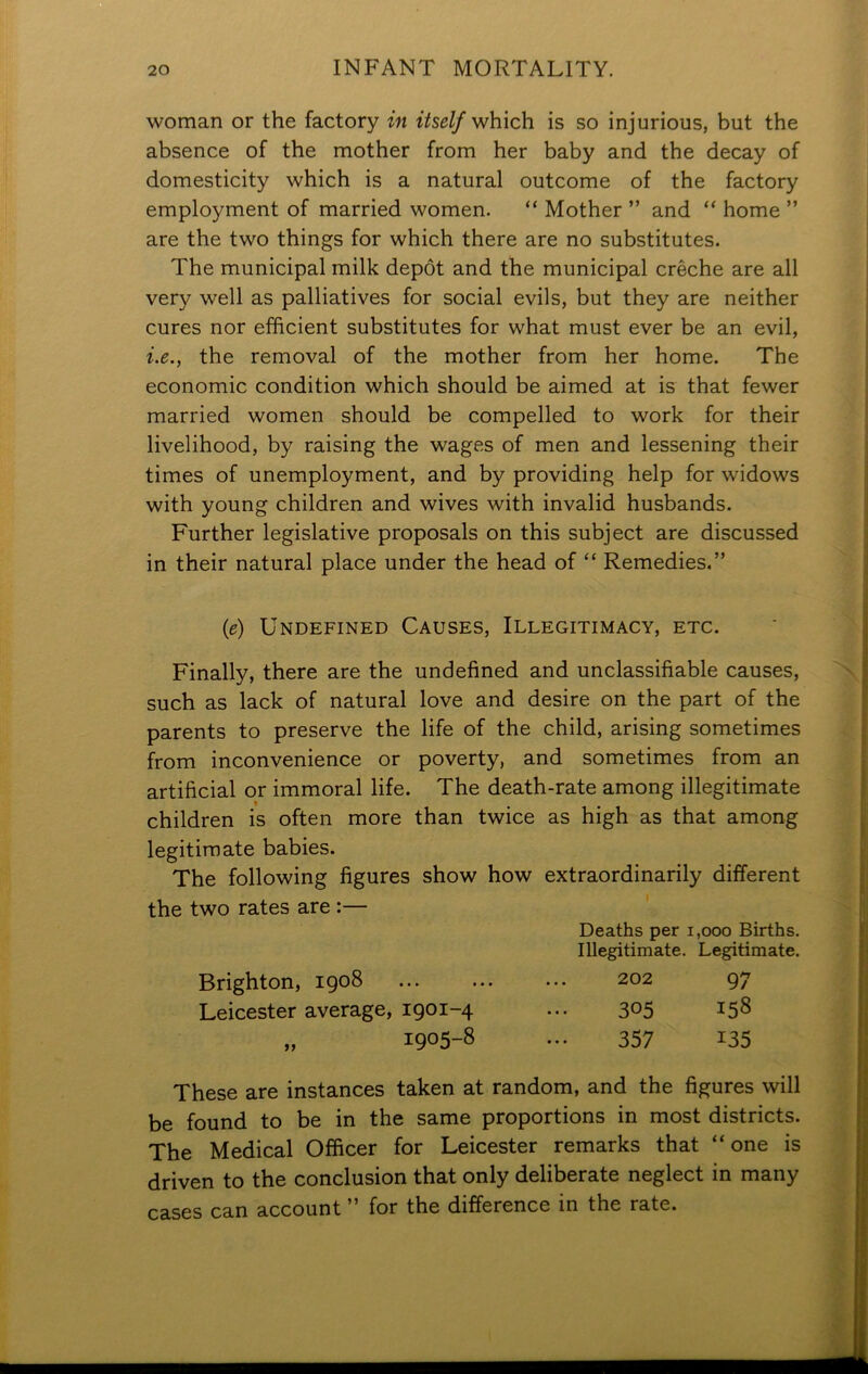 woman or the factory in itself which is so injurious, but the absence of the mother from her baby and the decay of domesticity which is a natural outcome of the factory employment of married women. “ Mother ” and “ home ” are the two things for which there are no substitutes. The municipal milk depot and the municipal creche are all very well as palliatives for social evils, but they are neither cures nor efficient substitutes for what must ever be an evil, i.e., the removal of the mother from her home. The economic condition which should be aimed at is that fewer married women should be compelled to work for their livelihood, by raising the wages of men and lessening their times of unemployment, and by providing help for widows with young children and wives with invalid husbands. Further legislative proposals on this subject are discussed in their natural place under the head of “ Remedies.” (e) Undefined Causes, Illegitimacy, etc. Finally, there are the undefined and unclassifiable causes, such as lack of natural love and desire on the part of the parents to preserve the life of the child, arising sometimes from inconvenience or poverty, and sometimes from an artificial or immoral life. The death-rate among illegitimate children is often more than twice as high as that among legitimate babies. The following figures show how extraordinarily different the two rates are :— Deaths per 1,000 Births. Illegitimate. Legitimate. Brighton, 1908 ... ... ... 202 97 Leicester average, 1901-4 ... 305 158 „ 1905-8 ••• 357 135 These are instances taken at random, and the figures will be found to be in the same proportions in most districts. The Medical Officer for Leicester remarks that “one is driven to the conclusion that only deliberate neglect in many cases can account ” for the difference in the rate.
