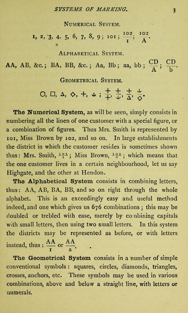 SYSTEMS OF MARKING. Numerical System. /■ . o 102 102 3> 4« 5t 6, 7» 9} 101) j A * Alphabetical System. AA, AB, &c.; BA, BB, &c. : Aa, Bb; aa, bb; ??; 2B, A b Geometrical System. O, □, A, <>, +, d» ; qp —m The Numerical System, as will be seen, simply consists in numbering all the linen of one customer with a special figure, or a combination of figures. Thus Mrs. Smith is represented by ioi, Miss Brown by 102, and so on. In large establishments the district in which the customer resides is sometimes shown thus: Mrs. Smith, Miss Brown, -f-; which means that the one customer lives in a certain neighbourhood, let us sav Highgate, and the other at Hendon. The Alphabetical System consists in combining letters, thus: AA, AB, BA, BB, and so on right through the whole alphabet. This is an exceedingly easy and useful method indeed, and one which gives us 676 combinations ; this may be doubled or trebled with ease, merely by combining capitals with small letters, then using two small letters. In this system the districts may be represented as before, or with letters instead, thus : or I 3. The Geometrical System consists in a number of simple conventional symbols : squares, circles, diamonds, triangles, crosses, anchors, etc. These symbols may be used in various combinations, above and below a straight line, with letters or numerals.