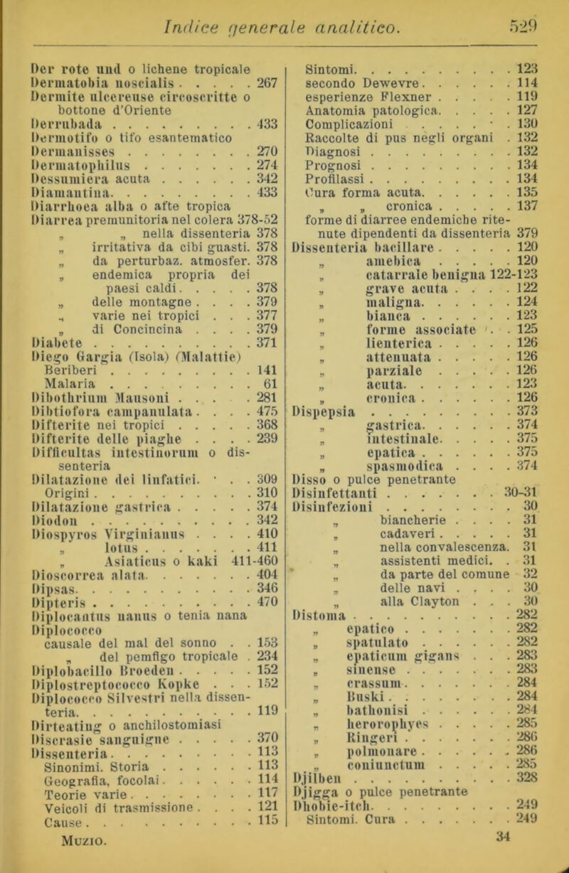 Der rote unti o lichene tropicale Dermatobia noseialis 267 Dermite ulcereuse circoscritte o bottone d’Oriente Derrubada 433 Dermotit'u o tifo esantematico Dermanisses 270 Denuatopliilus 274 Dessuniiera acuta 342 IMainautiiia 433 Diarrboea aiba o afte tropica IMarrea premunitoria nel colera 378-52 „ „ nella dissenteria 378 irritativa da cibi guasti. 378 da perturbai, atmosfer. 378 endemica propria dei paesi caldi. . . . . 378 „ delle montagne . . . . 379 „ varie nei tropici . . . 377 , di Concincina . . . . 379 Diabete . . 371 Diego Gargia fisola) (Malattie) Beriberi . . 141 Malaria . . 61 Dibothrium Mausoni . . . . . 281 Dibtiofora campanulata. . . . 475 Difterite nei tropici . . . . . 368 Difterite delle piaghe . . . . 239 Difllcultas intestinoriim o dis- senteria Dilatazione dei linfatici. . . 309 Origini . . 310 Dilatazione gastrica . . . . . 374 Diodon . . 342 Diospyros Virginianus . . . . 410 „ lotus . . 411 „ Asiaticus 0 kaki 411-460 Dioscorrea alata . . 404 Dipsas . . 346 Dipteris . . 470 Diplocaiitus uaiiiis o tenia nana Diplococco causale del mal del sonno . . 153 „ del pemfìgo tropicale . 234 Diplobacillo Broeden 152 Diplostreptococco Kopke . • ■ 152 Diplococco Silvestri nella dissen- teria 119 Dirteatiug o anchilostomiasi Discrasie sanguigne 370 Dissenteria. 113 Sinonimi. Storia 113 Geografia, focolai 114 Teorie varie 117 Veicoli di trasmissione .... 121 Cause 113 Muzio. Sintomi 123 secondo Dewevre 114 esperienze Plexner 119 Anatomia patologica 127 Complicazioni • . 130 Raccolte di pus negli organi . 132 Diagnosi 132 Prognosi 134 Profilassi 134 Cura forma acuta 135 , , cronica 137 forme di diarree endemiche rite- nute dipendenti da dissenteria 379 Dissenteria bacillare 120 „ amebica 120 , catarrale benigna 122-123 „ grave acuta . . . .122 „ uialigna 124 „ bianca 123 „ forme associate '. .125 , lienterica 126 „ attenuata 126 „ parziale 126 „ acuta 123 „ cronica 126 Dispepsia 373 „ gastrica 374 „ intestinale 375 „ epatica 375 „ spasmodica .... 374 Disso 0 pulce penetrante Disinfettanti 30-31 Dlsinfezioni 30 „ biancherie .... 31 , cadaveri 31 „ nella convalescenza. 31 „ assistenti medici. . 31 ' „ da parte del comune 32 , delle navi .... 30 „ alla Clayton ... 30 Distoma 282 „ epatico 282 , spatulato 282 „ epaticniii gigans . . . 283 , sincnso 283 „ crassuni 284 „ Buski 284 „ bathonisi 284 , heroropliyes 285 „ Ringeri .' 286 , polnionare 286 „ coniunctum 285 Djilben 328 Djigga 0 pulce penetrante Dliobie-itch 249 Sintomi. Cura 249 34