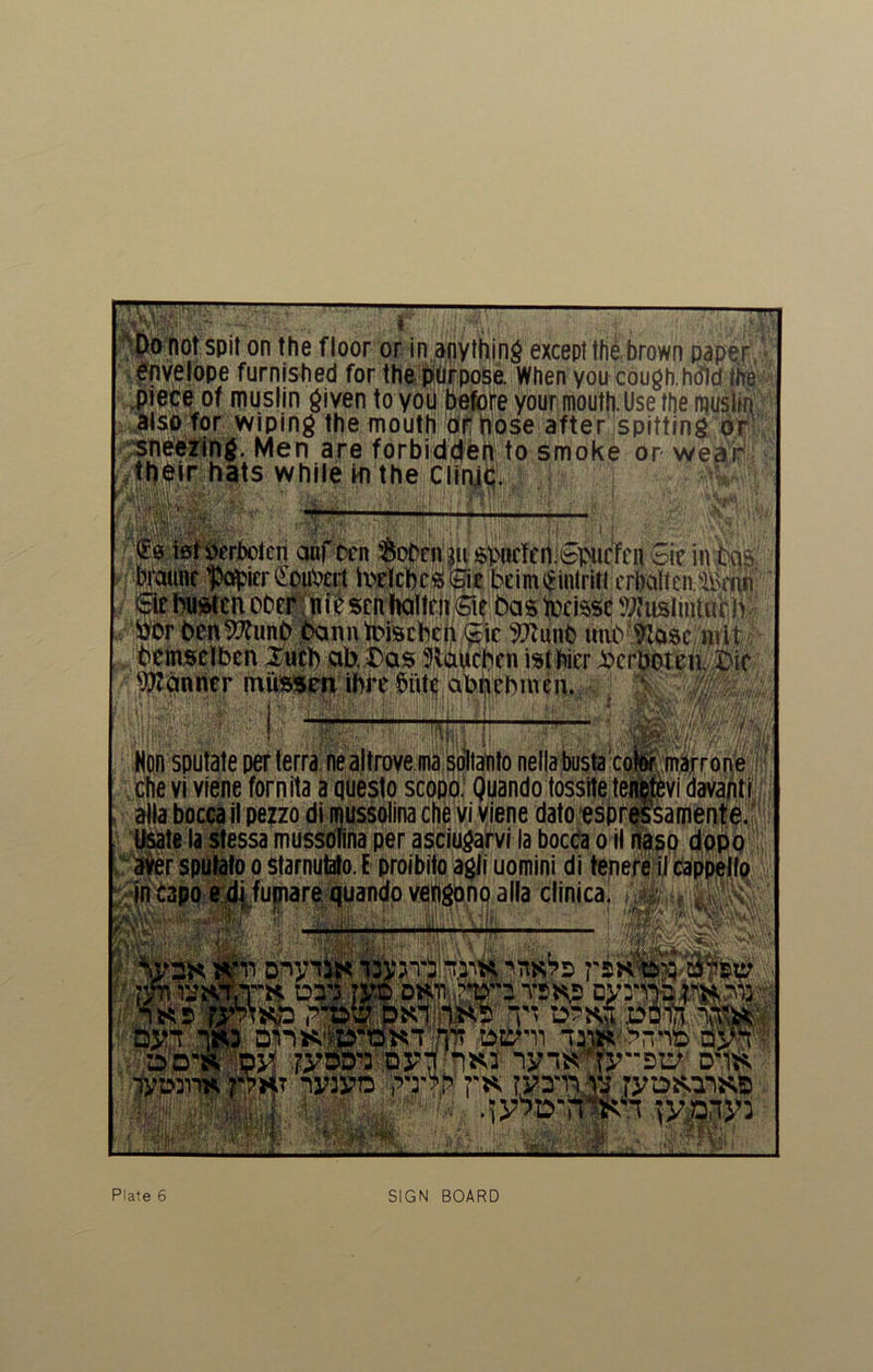 m 'Do not spit on the floor or in anything except the brown paper Envelope furnished for the purpose. When you cough, hdld the * '* l,~ A,”“ - • ^i|j|);use the tmxM ,ipiece of muslin given to you , also for wiping the mouth or hose after spitting sneezing. Men are forbidden to smoke or we ,their hats while in the ciinjc. Mj wifi il .,WWliv .--Wrbclcn auf C>fn &ot>eni|it spucTcn.tepufrrn bic... ..up braimc Popitr (Epubert hwlcbcssSie bcinurinlrill rrlMltcn'l!>rnn »0r bentWunb banntvmlicngif OTunb uaP 9lasc mit bemselbcn Xucb ab. Das Jlauchcn istbicr Pcrboten. Dif banner musscn ibre biitc abnrbmtn. ‘ Atjflfii ~ jflj'-'i ^ j 1— IUt# sputate per terra nealtrove ma soltanto nella busta color marrone che vi viene fornita a questo scopo. Quando tossite ten$tevi davanti alia bocca il pe?zo di mussolina che vi viene dato esprqssamente. Usate la stessa mussolina per asciugarvi la bocda o il riaso dopo N spulato o starnutato. E proibito agli uomini di „ in capo e difapare quando vengono alia clinica IW I.M.I ,.l I-..— f.W: a Spin #n TO- ■'tinVd r T? DEH1 T ‘ illfri ■H:1 -i. i I ■ 'V - Plate 6 SIGN BOARD