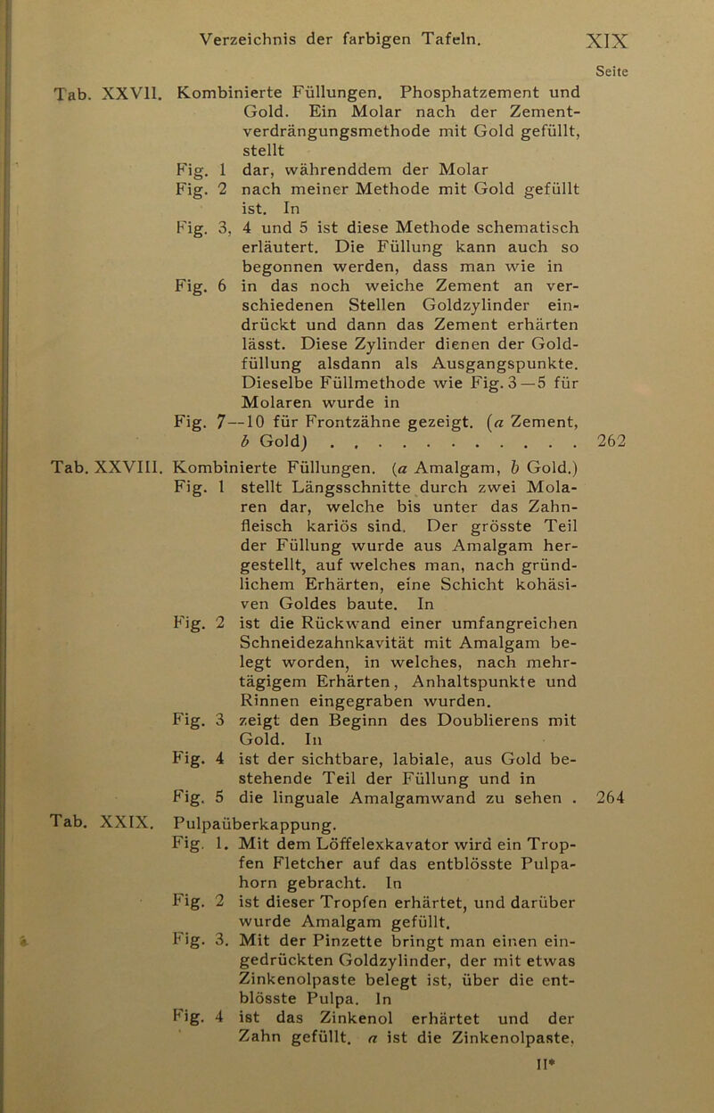 Tab. XXVll. Kombinierte Füllungen. Phosphatzement und Gold. Ein Molar nach der Zement- verdrängungsmethode mit Gold gefüllt, stellt Fig, 1 dar, währenddem der Molar Fig. 2 nach meiner Methode mit Gold gefüllt ist. In Fig. 3, 4 und 5 ist diese Methode schematisch erläutert. Die Füllung kann auch so begonnen werden, dass man wie in Fig. 6 in das noch weiche Zement an ver- schiedenen Stellen Goldzjlinder ein- drückt und dann das Zement erhärten lässt. Diese Zylinder dienen der Gold- füllung alsdann als Ausgangspunkte. Dieselbe Füllmethode wie Fig. 3—5 für Molaren wurde in Fig. 7—10 für Frontzähne gezeigt. (« Zement, b Gold) Tab, XXVIII. Kombinierte Füllungen, (a Amalgam, ö Gold.) Fig. 1 stellt Längsschnitte durch zwei Mola- ren dar, welche bis unter das Zahn- fleisch kariös sind, Der grösste Teil der Füllung wurde aus Amalgam her- gestellt, auf welches man, nach gründ- lichem Erhärten, eine Schicht kohäsi- ven Goldes baute. In Fig. 2 ist die Rückwand einer umfangreichen Schneidezahnkavität mit Amalgam be- legt worden, in welches, nach mehr- tägigem Erhärten, Anhaltspunkte und Rinnen eingegraben wurden. Fig. 3 zeigt den Beginn des Doublierens mit Gold. In Fig. 4 ist der sichtbare, labiale, aus Gold be- stehende Teil der Füllung und in Fig. 5 die linguale Amalgamwand zu sehen . Tab. XXIX. Pulpaüberkappung, Fig. 1, Mit dem Löffelexkavator wird ein Trop- fen Fletcher auf das entblösste Pulpa- horn gebracht, ln Fig. 2 ist dieser Tropfen erhärtet, und darüber wurde Amalgam gefüllt. Fig. 3. Mit der Pinzette bringt man einen ein- gedrückten Goldzylinder, der mit etwas Zinkenolpaste belegt ist, über die ent- blösste Pulpa, ln Fig. 4 ist das Zinkenol erhärtet und der Zahn gefüllt, a ist die Zinkenolpaste, Seite 262 264 II*