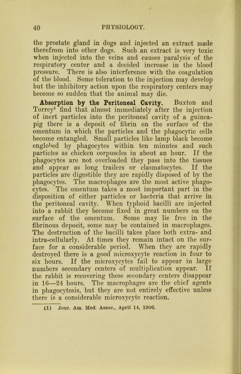 the prostate gland in dogs and injected an extract made therefrom into other dogs. Such an extract is very toxic when injected into the veins and causes paralysis of the respiratory center and a decided increase in the blood pressure. There is also interference with the coagulation of the blood. Some toleration to the injection may develop but the inhibitory action upon the respiratory centers may become so sudden that the animal may die. Absorption by the Peritoneal Cavity. Buxton and Torrey1 find that almost immediately after the injection of inert particles into the peritoneal cavity of a guinea- pig there is a deposit of fibrin on the surface of the omentum in which the particles and the phagocytic cells become entangled. Small particles like lamp black become englobed by phagocytes within ten minutes and such particles as chicken corpuscles in about an hour. If the phagocytes are not overloaded they pass into the tissues and appear as long trailers or clasmatocytes. If the particles are digestible they are rapidly disposed of by the phagocytes. The macrophages are the most active phago- cytes. The omentum takes a most important part in the disposition of either particles or bacteria that arrive in the peritoneal cavity. When typhoid bacilli are injected into a rabbit they become fixed in great numbers on the surface of the omentum. Some may lie free in the fibrinous deposit, some may be contained in macrophages. The destruction of the bacilli takes place both extra- and intra-cellularly. At times they remain intact on the sur- face for a considerable period. When they are rapidly destroyed there is a good microxycyte reaction in four to six hours. If the microxycytes fail to appear in large numbers secondary centers of multiplication appear. If the rabbit is recovering these secondary centers disappear in 16—24 hours. The macrophages are the chief agents in phagocytosis, but they are not entirely effective unless there is a considerable microxycyte reaction.