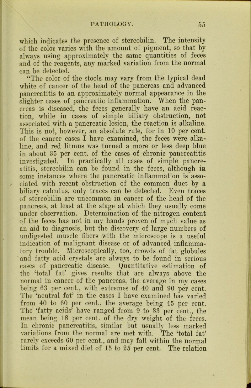 which indicates the presence of stercobilin. The intensity of the color varies with the amount of pigment, so that by always using approximately the same quantities of feces and of the reagents, any marked variation from the normal can be detected. “The color of the stools may vary from the typical dead white of cancer of the head of the pancreas and advanced pancreatitis to an approximately normal appearance in the slighter cases of pancreatic inflammation. When the pan- creas is diseased, the feces generally have an acid reac- tion, while in cases of simple biliary obstruction, not associated with a pancreatic lesion, the reaction is alkaline. This is not, however, an absolute rule, for in 10 per cent, of the cancer cases I have examined, the feces were alka- line, and red litmus was turned a more or less deep blue in about 35 per cent, of the cases of chronic pancreatitis investigated. In practically all cases of simple pancre- atitis, stercobilin can be found in the feces, although in some instances where the pancreatic inflammation is asso- ciated with recent obstruction of the common duct by a biliary calculus, only traces can be detected. Even traces of stercobilin are uncommon in cancer of the head of the pancreas, at least at the stage at which they usually come under observation. Determination of the nitrogen content of the feces has not in my hands proven of much value as an aid to diagnosis, but the discovery of large numbers of undigested muscle fibers with the microscope is a useful indication of malignant disease or of advanced inflamma- tory trouble. Microscopically, too, crowds of fat globules and fatty acid crystals are always to be found in serious cases of pancreatic disease. Quantitative estimation of the Total fat’ gives results that are always above the normal in cancer of the pancreas, the average in my cases being 63 per cent., with extremes of 40 and 90 per cent. The ‘neutral fat’ in the cases I have examined has varied from 40 to 60 per cent., the average being 45 per cent. The ‘fatty acids’ have ranged from 9 to 33 per cent., the mean being 18 per cent, of the dry weight of the feces. In chronic pancreatitis, similar but usually less marked variations from the normal are met with. The ‘total fat’ rarely exceeds 60 per cent., and may fall within the normal limits for a mixed diet of 15 to 25 per cent. The relation