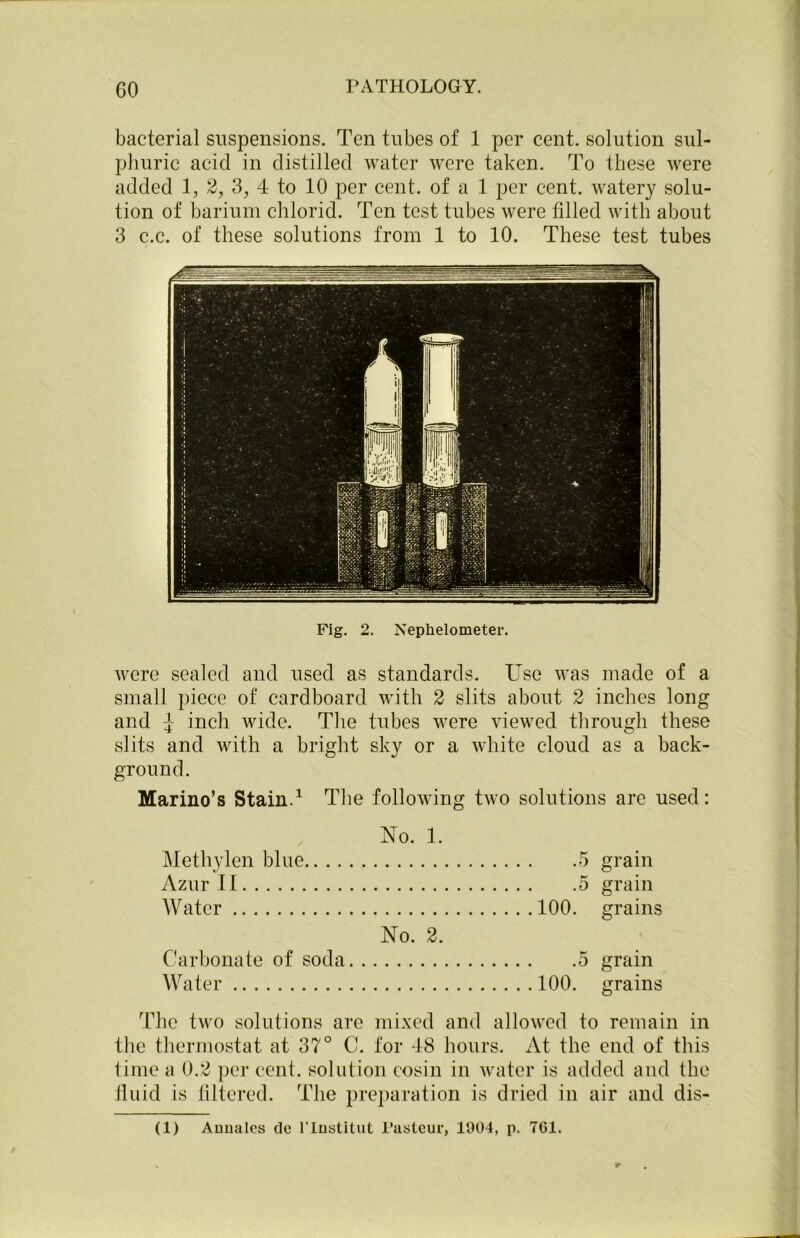 bacterial suspensions. Ten tubes of 1 per cent, solution sul- phuric acid in distilled water were taken. To these were added 1, 2, 3, 4 to 10 per cent, of a 1 per cent, watery solu- tion of barium chlorid. Ten test tubes were tilled with about 3 c.c. of these solutions from 1 to 10. These test tubes Fig. 2. Nephelometer. were sealed and used as standards. Use was made of a small piece of cardboard with 2 slits about 2 inches long and J inch wide. The tubes were viewed through these slits and with a bright sky or a white cloud as a back- ground. Marino’s Stain.1 The following two solutions are used: No. 1. Methylen blue 5 grain Azur11 r* grain Water . . . .100. grains No. 2. Carbonate of soda 5 grain Water 100. grains The two solutions are mixed and allowed to remain in the thermostat at 37° C. for 48 hours. At the end of this time a 0.2 per cent, solution cosin in water is added and the fluid is filtered. The preparation is dried in air and dis- (1) Auualcs tie l’lnstitut Pasteur, 1904, p. 761.