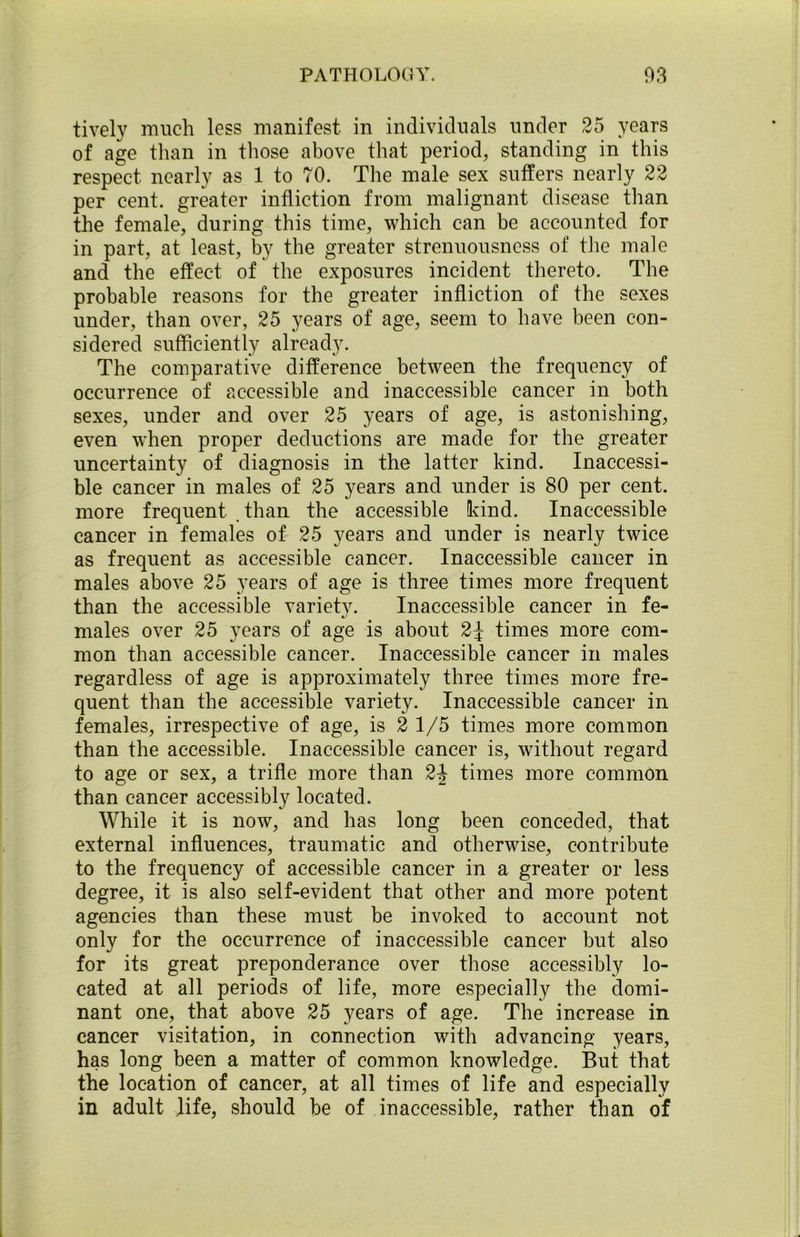 tively much loss manifest in individuals under 25 years of age than in those above that period, standing in this respect nearly as 1 to 70. The male sex suffers nearly 22 per cent, greater infliction from malignant disease than the female, during this time, which can be accounted for in part, at least, by the greater strenuousness of the male and the effect of the exposures incident thereto. The probable reasons for the greater infliction of the sexes under, than over, 25 years of age, seem to have been con- sidered sufficiently already. The comparative difference between the frequency of occurrence of accessible and inaccessible cancer in both sexes, under and over 25 years of age, is astonishing, even when proper deductions are made for the greater uncertainty of diagnosis in the latter kind. Inaccessi- ble cancer in males of 25 years and under is 80 per cent, more frequent than the accessible kind. Inaccessible cancer in females of 25 years and under is nearly twice as frequent as accessible cancer. Inaccessible cancer in males above 25 years of age is three times more frequent than the accessible variety. Inaccessible cancer in fe- males over 25 years of age is about 2^ times more com- mon than accessible cancer. Inaccessible cancer in males regardless of age is approximately three times more fre- quent than the accessible variety. Inaccessible cancer in females, irrespective of age, is 2 1/5 times more common than the accessible. Inaccessible cancer is, without regard to age or sex, a trifle more than 2J times more common than cancer accessibly located. While it is now, and has long been conceded, that external influences, traumatic and otherwise, contribute to the frequency of accessible cancer in a greater or less degree, it is also self-evident that other and more potent agencies than these must be invoked to account not only for the occurrence of inaccessible cancer but also for its great preponderance over those accessibly lo- cated at all periods of life, more especially the domi- nant one, that above 25 years of age. The increase in cancer visitation, in connection with advancing years, has long been a matter of common knowledge. But that the location of cancer, at all times of life and especially in adult life, should be of inaccessible, rather than of