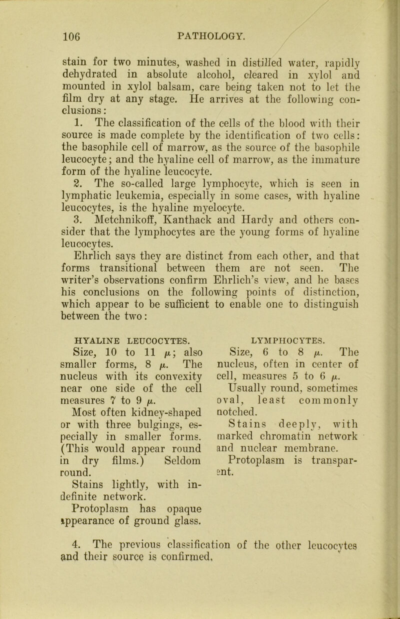 stain for two minutes, washed in distilled water, rapidly dehydrated in absolute alcohol, cleared in xylol and mounted in xylol balsam, care being taken not to let the film dry at any stage. He arrives at the following con- clusions : 1. The classification of the cells of the blood with their source is made complete by the identification of two cells: the basophile cell of marrow, as the source of the basophile leucocyte; and the hyaline cell of marrow, as the immature form of the hyaline leucocyte. 2. The so-called large lymphoc3de, which is seen in lymphatic leukemia, especially in some cases, with hyaline leucocytes, is the hyaline myelocyte. 3. Metchnikoff, Kanthack and Hardy and others con- sider that the lymphocytes are the young forms of hyaline leucocytes. Ehrlich says they are distinct from each other, and that forms transitional between them are not seen. The writer’s observations confirm Ehrlich’s view, and he bases his conclusions on the following points of distinction, which appear to be sufficient to enable one to distinguish between the two: HYALINE LEUCOCYTES. Size, 10 to 11 ju,; also smaller forms, 8 fx. The nucleus with its convexity near one side of the cell measures 7 to 9 fi. Most often kidney-shaped or with three bulgings, es- pecially in smaller forms. (This would appear round in dry films.) Seldom round. Stains lightly, with in- definite network. Protoplasm has opaque appearance of ground glass. LYMPHOCYTES. Size, 6 to 8 /x. The nucleus, often in center of cell, measures 5 to 6 fx. Usually round, sometimes oval, least commonly notched. Stains deeply, with marked chromatin network and nuclear membrane. Protoplasm is transpar- ent. 4. The previous classification of the other leucocytes and their source is confirmed.