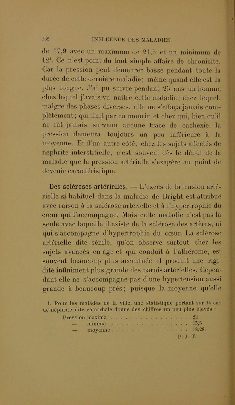 de 17,9 avec un maximum de 21,5 cl un minimum de 12‘. Ce n’est point du tout simple affaire de chronicité. Car la pression peut demeurer basse pendant toute la durée de cette dernière maladie; même quand elle est la plus longue. J’ai pu suivre pendant 25 ans un homme chez lequel j’avais vu naître cette maladie; chez lequel, malgré des phases diverses, elle ne s’effaça jamais com- plètement; qui finit par en mourir et chez qui, bien qu'il ne fût jamais survenu aucune trace de cachexie, la pression demeura toujours un peu inférieure à la moyenne. Et d’un autre côté, chez les sujets affectés de néphrite interstitielle, c’est souvent dès le début de la maladie que la pression artérielle s’exagère au point de devenir caractéristique. Des scléroses artérielles. — L’excès de la tension arté- rielle si habituel dans la maladie de Bright est attribué avec raison à la sclérose artérielle et à l’hypertrophie du cœur qui l’accompagne. Mais cette maladie n’est pas la seule avec laquelle il existe de la sclérose des artères, ni qui s’accompagne d’hypertrophie du cœur. La sclérose artérielle dite sénile, qu’on observe surtout chez les sujets avancés en âge et qui conduit à l’athérome, est souvent beaucoup plus accentuée et produit une rigi- dité infiniment plus grande des parois artérielles. Cepen- dant elle ne s’accompagne pas d’une hypertension aussi grande à beaucoup près ; puisque la moyenne qu’elle 1. Pour les malades de la ville, une statistique portant sur 14 cas de néphrite dite catarrhale donne des chiffres un peu plus élevés : Pression maxima 22 — minima 13,5 — moyenne 18,28.