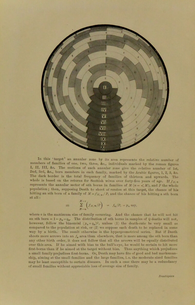 In this ‘target’ an annular zone by its area represents the relative number of members of families of one, two, three, &c., individuals marked by the roman figures I, II, III, &c. The sections of each annular zone give the relative number of 1st, 2nd, 3rd, &c., born members in each family, marked by the Arabic figures, 1, 2, 3, &c. llie dark border is the total frequency of families of thirteen and upwards. The whole is based on the returns for Scottish wives over forty-five years of age. If f m, » represents the annular sector of nth horns in families of M (n = <ilf), and P the whole population ; then, supposing Death to shoot at random at this target, the chance of his hitting an nth born of a family of M = fm „/P, and the chance of his hitting a nth born at all: M = '/ \ = \f.\t,n/P) ■■= fn/P, -p„ say, where v is the maximum size of family occurring. And the chance that he will not hit an nth born = 1 — pn = qn. The distribution of nth borns in samples of Q deaths will not, however, follow the binomial (p„ + q„)Q, unless (1) the death-rate be very small as compared to the population at risk, or (2) we suppose each death to be replaced in some way by a birth. The result otherwise is the liypergeometrical series. But if Death shoots more arrows into an /„ area than elsewhere, that is more among the nth born than any other birth order, it does not follow that all the arrows will be equally distributed over this area. If he aimed with bias to the bull’s-eye, he would be certain to hit more first-borns than if he aimed at the target without bias. Thus anything which prejudices a small family prejudices first-borns. Or, Death may have fits of good and bad marksman- ship, aiming at the small families and the large families, i.e. the moderate sized families may be least susceptible to certain diseases. In such a case there may be a redundancy of small families without appreciable loss of average size of family. frontispiece