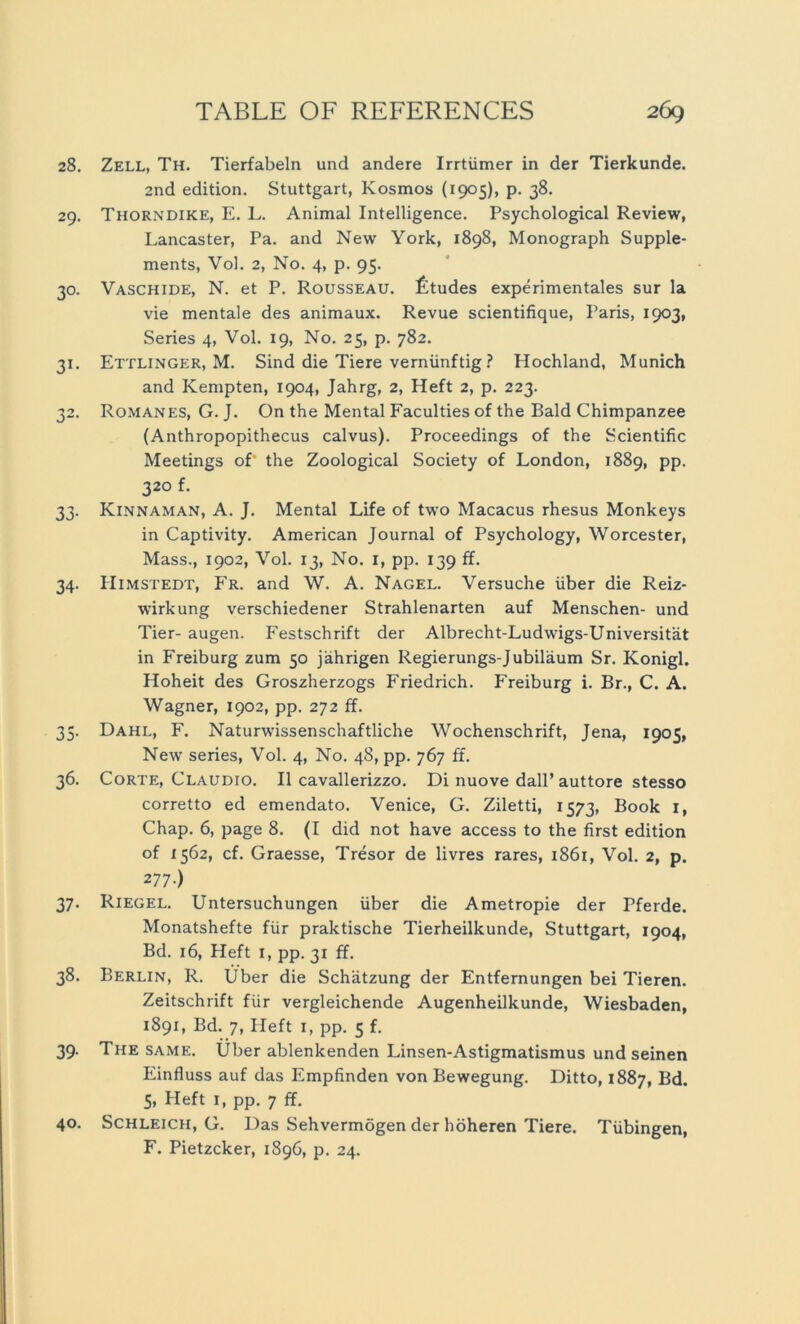 28. Zell, Th. Tierfabeln und andere Irrtümer in der Tierkunde. 2nd edition. Stuttgart, Kosmos (1905), p. 38. 29. Thorndike, E. L. Animal Intelligence. Psychological Review, Lancaster, Pa. and New York, 1898, Monograph Supple- ments, Vol. 2, No. 4, p. 95. 30. Vaschide, N. et P. Rousseau, Ütudes experimentales sur la vie mentale des animaux. Revue scientifique, Paris, 1903, Series 4, Vol. 19, No. 25, p. 782. 31. Ettlinger, M. Sind die Tiere vernünftig ? Hochland, Munich and Kempten, 1904, Jahrg, 2, Heft 2, p. 223. 32. Romanes, G. J. On the Mental Faculties of the Bald Chimpanzee (Anthropopithecus calvus). Proceedings of the Scientific Meetings of' the Zoological Society of London, 1889, pp. 320 f. 33. Kinnaman, A. J. Mental Life of two Macacus rhesus Monkeys in Captivity. American Journal of Psychology, Worcester, Mass., 1902, Vol. 13, No. 1, pp. 139 ff. 34. Himstedt, Fr. and W. A. Nagel. Versuche über die Reiz- wirkung verschiedener Strahlenarten auf Menschen- und Tier- äugen. Festschrift der Albrecht-Ludwigs-Universität in Freiburg zum 50 jährigen Regierungs-Jubiläum Sr. Konigl. Hoheit des Groszherzogs Friedrich. Freiburg i. Br., C. A. Wagner, 1902, pp. 272 ff. 35. Dahl, F. Naturwissenschaftliche Wochenschrift, Jena, 1905, New series, Vol. 4, No. 48, pp. 767 ff. 36. Corte, Claudio. II cavallerizzo. Di nuove dall’auttore stesso corretto ed emendato. Venice, G. Ziletti, 1573, Book 1, Chap. 6, page 8. (I did not have access to the first edition of 1562, cf. Graesse, Tresor de livres rares, 1861, Vol. 2, p. 2 77-) 37. Riegel. Untersuchungen über die Ametropie der Pferde. Monatshefte für praktische Tierheilkunde, Stuttgart, 1904, Bd. 16, Heft 1, pp. 31 ff. 38. Berlin, R. Über die Schätzung der Entfernungen bei Tieren. Zeitschrift für vergleichende Augenheilkunde, Wiesbaden, 1891, Bd. 7, Heft 1, pp. 5 f. 39. The same. Über ablenkenden Linsen-Astigmatismus und seinen Einfluss auf das Empfinden von Bewegung. Ditto, 1887, Bd. 5, Heft 1, pp. 7 ff. 40. Schleich, G. Das Sehvermögen der höheren Tiere. Tübingen, F. Pietzcker, 1896, p. 24.