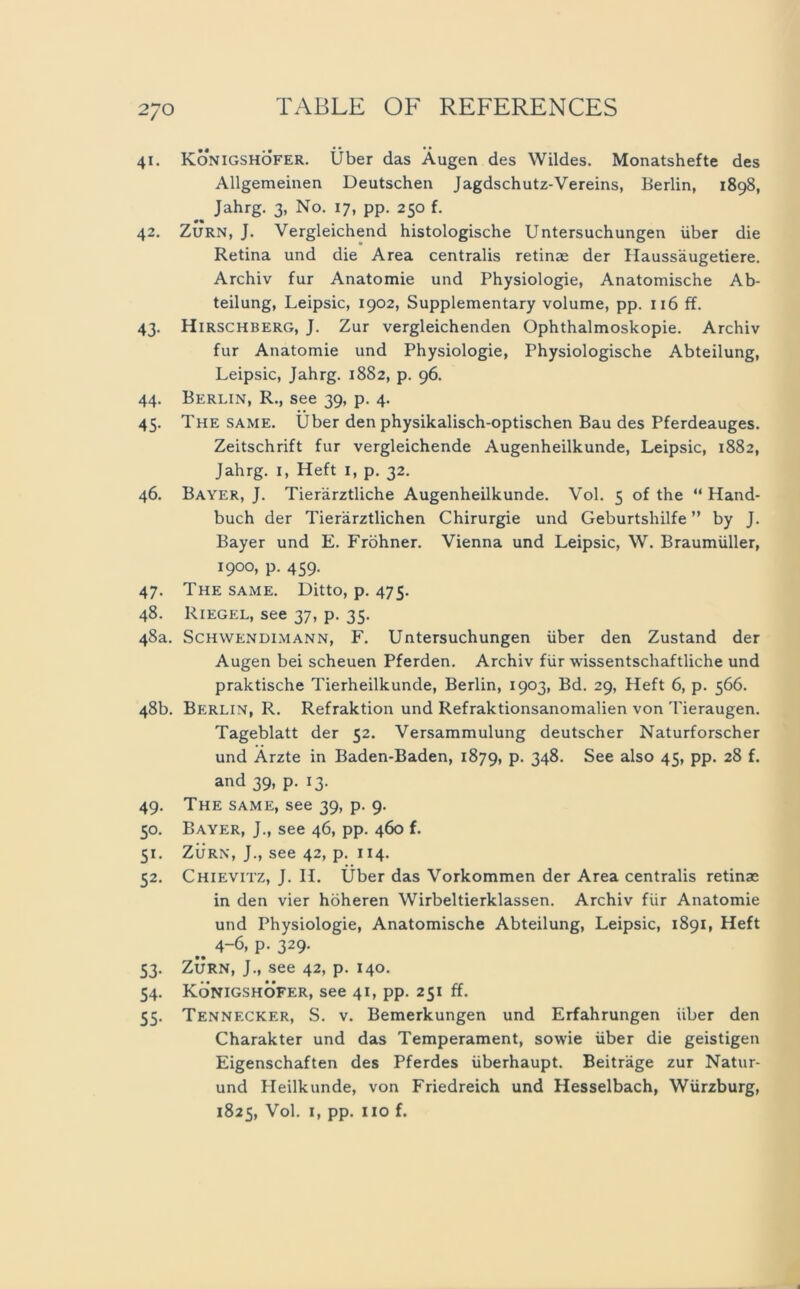 41. KÖNIGSHOFER. Über das Äugen des Wildes. Monatshefte des Allgemeinen Deutschen Jagdschutz-Vereins, Berlin, 1898, % Jahrg. 3, No. 17, pp. 250 f. 42. Zürn, J. Vergleichend histologische Untersuchungen über die Retina und die Area centralis retinae der Haussäugetiere. Archiv für Anatomie und Physiologie, Anatomische Ab- teilung, Leipsic, 1902, Supplementary volume, pp. 116 ff. 43. Hirschberg, J. Zur vergleichenden Ophthalmoskopie. Archiv für Anatomie und Physiologie, Physiologische Abteilung, Leipsic, Jahrg. 1882, p. 96. 44. Berlin, R., see 39, p. 4. 45. The same. Über den physikalisch-optischen Bau des Pferdeauges. Zeitschrift für vergleichende Augenheilkunde, Leipsic, 1882, Jahrg. 1, Heft I, p. 32. 46. Bayer, J. Tierärztliche Augenheilkunde. Vol. 5 of the “ Hand- buch der Tierärztlichen Chirurgie und Geburtshilfe ” by J. Bayer und E. Fröhner. Vienna und Leipsic, W. Braumüller, 1900, p. 459. 47. The same. Ditto, p. 475. 48. Riegel, see 37, p. 35. 48a. Schwendimann, F. Untersuchungen über den Zustand der Augen bei scheuen Pferden. Archiv für wissenschaftliche und praktische Tierheilkunde, Berlin, 1903, Bd. 29, Heft 6, p. 566. 48b. Berlin, R. Refraktion und Refraktionsanomalien von Tieraugen. Tageblatt der 52. Versammulung deutscher Naturforscher und Ärzte in Baden-Baden, 1879, P- 348. See also 45, pp. 28 f. and 39, p. 13. 49. The same, see 39, p. 9. 50. Bayer, J., see 46, pp. 460 f. 51. Zürn, J., see 42, p. 114. 52. Chievitz, J. H. Über das Vorkommen der Area centralis retinae in den vier höheren Wirbeltierklassen. Archiv für Anatomie und Physiologie, Anatomische Abteilung, Leipsic, 1891, Heft m 4-6, p. 329. 53. ZÜrn, J., see 42, p. 140. 54. Konigsho’fer, see 41, pp. 251 ff. 55. Tennecker, S. v. Bemerkungen und Erfahrungen über den Charakter und das Temperament, sowie über die geistigen Eigenschaften des Pferdes überhaupt. Beiträge zur Natur- und Heilkunde, von Friedreich und Hesselbach, Würzburg, 1825, Vol. 1, pp. 110 f.
