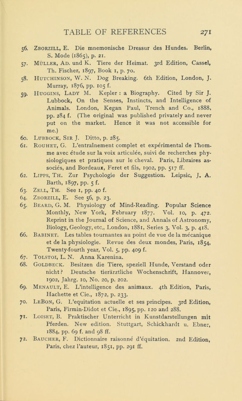 56. Zborzill, E. Die mnemonische Dressur des Hundes. Berlin, S. Mode (1865), p. 21. 57. Müller, Ad. und K. Tiere der Heimat. 3rd Edition, Cassel, Th. Fischer, 1897, Book 1, p. 70. 58. Hutchinson, W. N. Dog Breaking. 6th Edition, London, J. Murray, 1876, pp. 105 f. 59. Huggins, Lady M. Kepler : a Biography. Cited by Sir J. Lubbock, On the Senses, Instincts, and Intelligence of Animais. London, Kegan Paul, Trench and Co., 1888, pp. 284 f. (The original was published privately and never put on the market. Hence it was not accessible for me.) 60. Lubbock, Sir J. Ditto, p. 285. 61. Rouhet, G. L’entrainement complet et experimental de l’hom- me avec etude sur la voix articulee, suivi de recherches phy- siologiques et pratiques sur le cheval. Paris, Libraires as- socies, and Bordeaux, Feret et fils, 1902, pp. 517 ff. 62. Lipps, Th. Zur Psychologie der Suggestion. Leipsic, J. A. Barth, 1897, pp. 5 f. 63. Zell, Th. See 1, pp. 40 f. 64. Zborzill, E. See 56, p. 23. 65. Beard, G. M. Physiology of Mind-Reading. Populär Science Monthly, New York, February 1877. Vol. 10, p. 472. Reprint in the Journal of Science, and Annals of Astronomy, Biology, Geology, etc., London, 1881, Series 3, Vol. 3, p. 418. 66. Babinet. Les tables tournantes au point de vue de la mecanique et de la physiologie. Revue des deux mondes, Paris, 1854, Twenty-fourth year, Vol. 5, pp. 409 f. 67. Tolstoi, L. N. Anna Karenina. 68. Goldbeck. Besitzen die Tiere, speziell Hunde, Verstand oder nicht? Deutsche tierärztliche Wochenschrift, Hannover, 1902, Jahrg. 10, No. 20, p. 202. 69. Menault, E. L’intelligence des animaux. 4th Edition, Paris, Hachette et Cie., 1872, p. 233. 70. LeBon, G. L’equitation actuelle et ses principes. 3rd Edition, Paris, Firmin-Didot et Cie., 1895, PP- 120 and 288. 71. Loiset, B. Praktischer Unterricht in Kunstdarstellungen mit Pferden. New edition. Stuttgart, Schickhardt u. Ebner, 1884, pp. 69 f. and 98 ff. 72. Baucher, F. Dictionnaire raisonne d’equitation. 2nd Edition, Paris, chez l’auteur, 1851, pp. 291 ff.