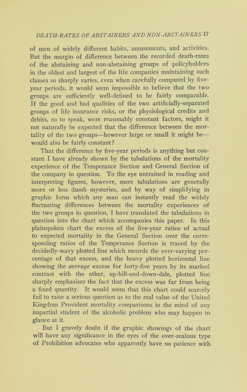 of men of widely different habits, amusements, and activities. But the margin of difference between the recorded death-rates of the abstaining and non-abstaining groups of policyholders in the oldest and largest of the life companies maintaining such classes so sharply varies, even when carefully computed by five- year periods, it would seem impossible to believe that the two groups are sufficiently well-defined to be fairly comparable. If the good and bad qualities of the two artificially-separated groups of life insurance risks, or the physiological credits and debits, so to speak, were reasonably constant factors, might it not naturally be expected that the difference between the mor- tality of the two groups—however large or small it might be— would also be fairly constant ? That the difference by five-year periods is anything but con- stant I have already shown by the tabulations of the mortality experience of the Temperance Section and General Section of the company in question. To the eye untrained in reading and interpreting figures, however, mere tabulations are generally more or less dumb mysteries, and by way of simplifying in graphic form which any man can instantly read the widely fluctuating differences between the mortality experiences of the two groups in question, I have translated the tabulations in question into the chart which accompanies this paper. In this plainspoken chart the excess of the five-year ratios of actual to expected mortality in the General Section over the corre- sponding ratios of the Temperance Section is traced by the decidedly-wavy plotted line which records the ever-varying per- centage of that excess, and the heavy plotted horizontal line showing the average excess for forty-five years by its marked contrast with the other, up-hill-and-down-dale, plotted line sharply emphasizes the fact that the excess was far from being a fixed quantity. It would seem that this chart could scarcely fail to raise a serious question as to the real value of the United Kingdom Provident mortality comparisons in the mind of any impartial student of the alcoholic problem who may happen to glance at it. But I gravely doubt if the graphic showings of the chart will have any significance in the eyes of the over-zealous type of Prohibition advocates who apparently have no patience with