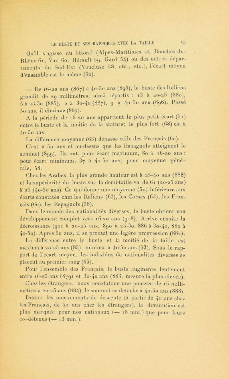 Qu’il s’agisse du littoral (Alpes-Maritimes et Bouches-du- Rhône 61, Var Go, Hérault 59, Gard 54) ou des autres dépar- tements du Sud-Est (Vaucluse 58, etc., etc. ), 1 écai t moyen d’ensemble est le môme (Go). — De iG-20 ans (867) à 4o-5o ans (896), le buste des Italiens grandit de 29 millimètres, ainsi répartis : i3 à 20-25 (880), 5 à 25-3o (885), 2 à 3o-4o (887), 9 à 4o-5o ans (896). Passé 5o ans, il diminue (867). A la période de 16-20 ans appartient le plus petit écart (5 1) entre le buste et la moitié de la stature; le plus fort (68) est à 4o-5o ans. La différence moyenne (63) dépasse celle des Français (60). C’est à 5o ans et au-dessus que les Espagnols atteignent le sommet (899). Ils ont, pour écart maximum, 80 à 16-20 ans; pour écart minimum, 37 à 4°-5° ans; pour moyenne géné- rale, 58. Chez les Arabes, la plus grande hauteur est à 25-4o ans (888) et la supériorité du buste sur la demi-taille va de 61 (20-26 ans) à 25 (4o-5o ans). Ce qui donne une moyenne (5o) inférieure aux écarts constatés chez les Italiens (63), les Corses (63), les Fran- çais (60), les Espagnols (58). Dans le monde des nationalités diverses, le buste obtient son développement complet vers 16-20 ans (918). Arrive ensuite la décroissance (901 à 20-26 ans, 890 à 25-3o, 886 à 3o-4o, 880 à 4o-5o). Après 5o ans, il se produit une légère progression (882). La différence entre le buste et la moitié de la taille est maxima à 20-26 ans (85), minima à 4o-5o ans (53). Sous le rap- port de l’écart moyen, les individus de nationalités diverses se placent au premier rang (65). Pour l'ensemble des Français, le buste augmente lentement entre 16-26 ans (879) et 3o-4o ans (883, mesure la plus élevée). Chez les étrangers, nous constatons une poussée de i5> milli- mètres à 20-25 ans (884); le sommet se détache à 4o-5o ans (888). Durant les mouvements de descente (à partir de /\0 ans chez les Français, de 5o ans chez les étrangers), la diminution est plus marquée pour nos nationaux (— 18 mm.) que pour leurs co-détenus (— i3 mm.).