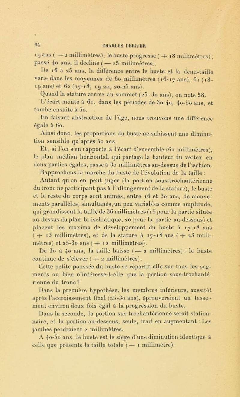 !9ans ( — 2 millimètres), le buste progresse ( -f- 18 millimètres) ; passé 4° ans, il décline (— 25 millimètres). De 16 à 25 ans, la différence entre le buste et la demi-taille varie dans les moyennes de 6o millimètres (16-17 ans), 61 (18- 19 ansj et 62 (17-18, 19-20, 20-26 ans). Quand la stature arrive au sommet (26-80 ans), on note 58. L’écart monte à 61, dans les périodes de 3o-/|o, 4«-5o ans, et tombe ensuite à 5o. En faisant abstraction de l’âge, nous trouvons une différence égale à 60. Ainsi donc, les proportions du buste ne subissent une diminu- tion sensible qu’après 60 ans. Et, si l'on s’en rapporte à l'écart d’ensemble (60 millimètres), le plan médian horizontal, qui partage la hauteur du vertex en deux parties égales, passe à 3o millimètres au-dessus de l’ischion. Rapprochons la marche du buste de l’évolution de la taille : Autant qu’on en peut juger (la portion sous-trochantérienne du tronc ne participant pas à l’allongement de la stature), le buste et le reste du corps sont animés, entre 16 et 3o ans, de mouve- ments parallèles, simultanés, un peu variables comme amplitude, qui grandissent la taille de 36 millimètres (16 pour la partie située au-dessus du plan bi-ischiatique, 20 pour la partie au-dessous) et placent les maxima de développement du buste à 17-18 ans (H- i3 millimètres), et de la stature à 17-18 ans (+23 milli- mètres) et 25-3o ans (+12 millimètres). De 3o à 4o ans, la taille baisse (— 2 millimètres) ; le buste continue de s’élever (+ 2 millimètres). Cette petite poussée du buste se répartit-elle sur tous les seg- ments ou bien n’intéresse-t-elle que la portion sous-trochanté- rienne du tronc ? Dans la première hypothèse, les membres inférieurs, aussitôt après l’accroissement final (26-80 ans), éprouveraient un tasse- ment environ deux fois égal à la progression du buste. Dans la seconde, la portion sus-trochantérienne serait station- naire, et la portion au-dessous, seule, irait en augmentant : Les jambes perdraient 2 millimètres. A 4<>-5o ans, le buste est le siège d’une diminution identique à celle que présente la taille totale (— 1 millimètre).