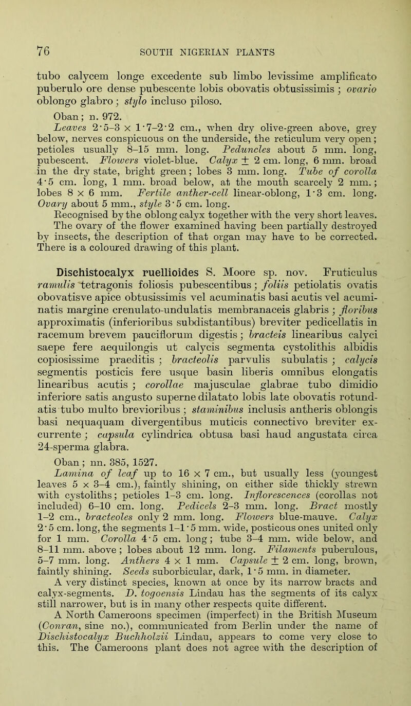 tubo calycem longe excedente sub limbo levissime amplificato puberulo ore dense pubescente lobis obovatis obtusissimis ; ovario oblongo glabro; stylo incluso piloso. Oban; n. 972. Leaves 2'5-3 x l'7-2'2 cm., when dry olive-green above, grey below, nerves conspicuous on the underside, the reticulum very open; petioles usually 8-15 mm. long. Peduncles about 5 mm. long, pubescent. Flowers violet-blue. Calyx + 2 cm. long, 6 mm. broad in the dry state, bright green; lobes 3 mm. long. Tithe of corolla 4‘5 cm. long, 1 mm. broad below, at the mouth scarcely 2 mm.; lobes 8x6 mm. Fertile anther-cell linear-oblong, 1’3 cm. long. Ovary about 5 mm., style 3'5 cm. long. Eecognised by the oblong calyx together with the very short leaves. The ovary of the flower examined having been partially destroyed by insects, the description of that organ may have to be corrected. There is a coloured drawing of this plant. Disehistoealyx ruellioides S. Moore sp. nov. Fruticulus ramulis 'tetragonis foliosis pubescentibus; foliis petiolatis ovatis obovatisve apice obtusissimis vel acuminatis basi acutis vel acumi- natis margine crenulato-undulatis membranaceis glabris ; floribns approximatis (inferioribus subdistantibus) breviter pedicellatis in racemum brevem pauciflorum digestis; hracteis linearibus calyci saepe fere aequilongis ut calycis segmenta cystolithis albidis copiosissime praeditis ; hracteoUs parvulis subulatis ; calycis segmentis posticis fere usque basin liberis omnibus elongatis linearibus acutis ; corollae majusculae glabrae tubo dimidio inferiore satis angusto superne dilatato lobis late obovatis rotund- atis tubo multo brevioribus ; staminibus inclusis antheris oblongis basi nequaquam divergentibus muticis connectivo breviter ex- currente ; capsula cylindrica obtusa basi baud angustata circa 24-sperma glabra. Oban ; nn. 385, 1527. Lamina of leaf up to 16 x 7 cm., but usually less (youngest leaves 5 x 3-4 cm.), faintly shining, on either side thickly strewn with cystoliths; petioles 1-3 cm. long. Inflorescences (corollas not included) 6-10 cm. long. Pedicels 2-3 mm. long. Bract mostly 1-2 cm., bracteoles only 2 mm. long. Flowers blue-mauve. Calyx 2 • 5 cm. long, the segments 1-1 • 5 mm. wide, posticous ones united only for 1 mm. Corolla 4'5 cm. long; tube 3-4 mm. wide below, and 8-11 mm. above; lobes about 12 mm. long. Filaments puberulous, 5-7 mm. long. Anthers 4x1 mm. Capsule + 2 cm. long, brown, faintly shining. Seeds suborbicular, dark, 1 ■ 5 mm. in diameter. A very distinct species, known at once by its narrow bracts and calyx-segments. D. togoensis Lindau has the segments of its calyx still narrower, but is in many other respects quite different. A North Cameroons specimen (imperfect) in the British Museum (Conran, sine no.), communicated from Berlin under the name of Disehistoealyx Buchholzii Lindau, appears to come very close to this. The Cameroons plant does not agree with the description of