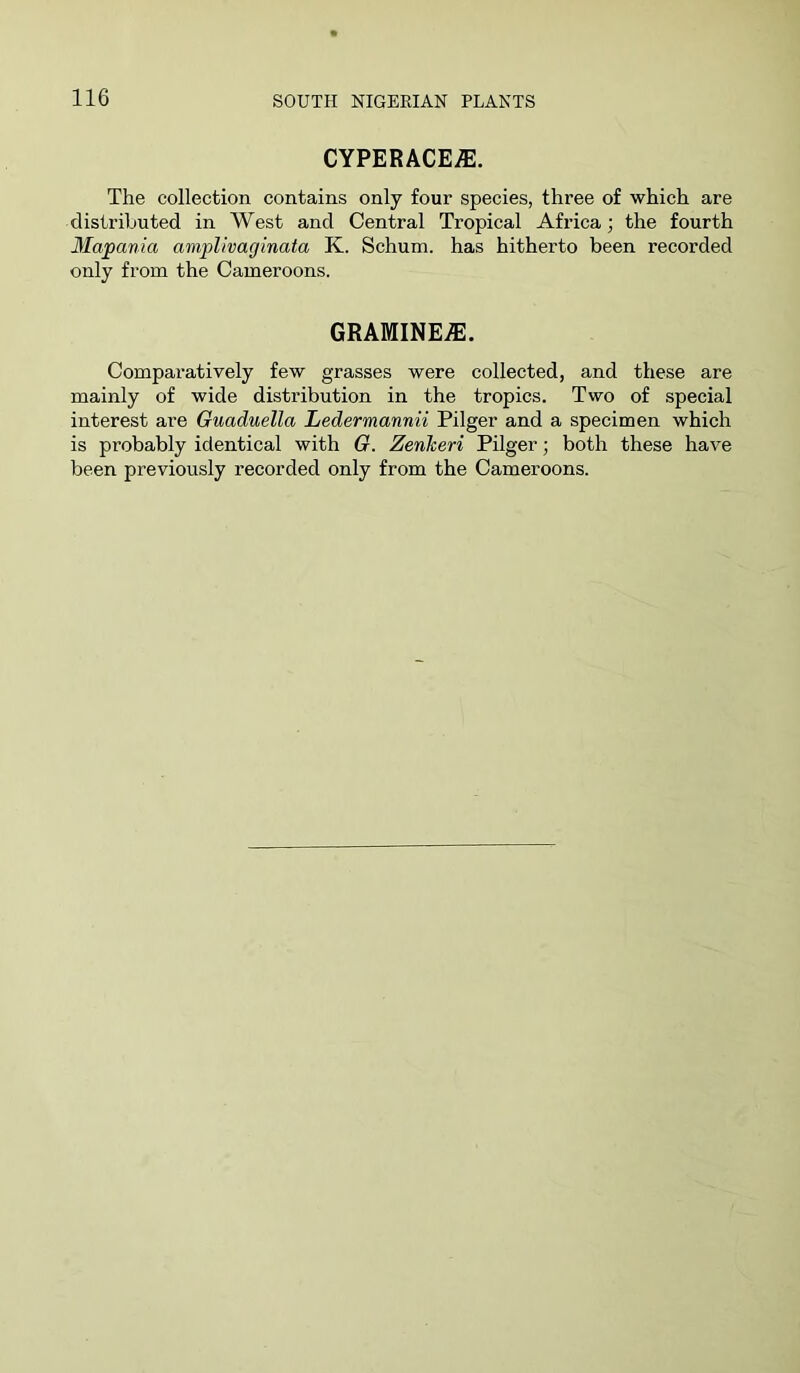 CYPERACE^. The collection contains only four species, three of which are distributed in West and Central Tropical Africa; the fourth Mapania amplivaginata K. Schum. has hitherto been recorded only from the Cameroons. GRAMINE^. Comparatively few grasses were collected, and these are mainly of wide distribution in the tropics. Two of special interest are Guaduella Ledermannii Pilger and a specimen which is probably identical with G. Zenkeri Pilger; both these have been previously recorded only from the Cameroons.