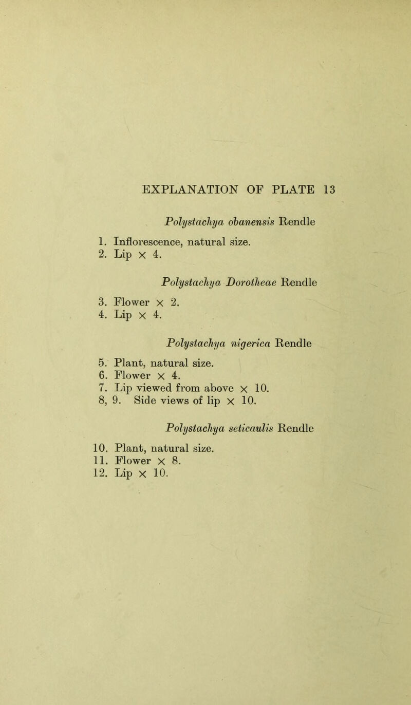 Polystachya ohanensis Rendle 1. Inflorescence, natural size. 2. Lip X 4. Polystachya Dorotheae Rendle 3. Flower X 2. 4. Lip X 4. Polystachya nigerica Rendle 5. Plant, natural size. 6. Flower x 4. 7. Lip viewed from above x 10. 8. 9. Side views of lip X 10. Polystachya seticaulis Rendle 10. Plant, natural size. 11. Flower X 8.
