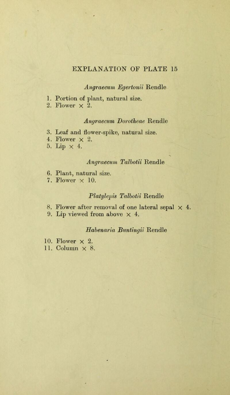 Angraecum Egertonii Rendle 1. Portion of plant, natural size. 2. Flower x 2. Angraecum Dorotheae Rendle 3. Leaf and flower-spike, natural size. 4. Flower X 2. 5. Lip X 4. Angraecum Talbotii Rendle 6. Plant, natural size. 7. Flower x 10. Platylejjis Talbotii Rendle 8. Flower after removal of one lateral sepal x 4. 9. Lip viewed from above X 4. Habenaria Buntingii Rendle 10. Flower x 2.