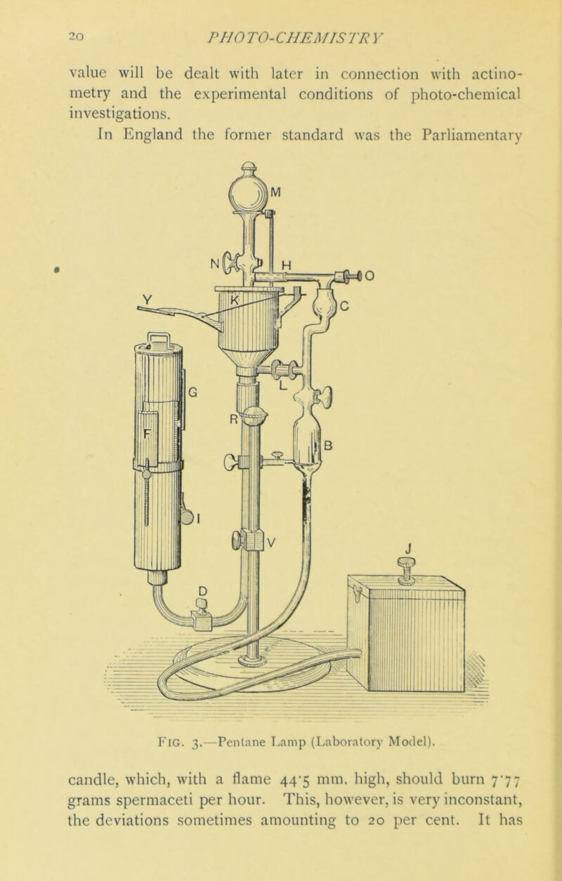 value will be dealt with later in connection with actino- metry and the experimental conditions of photo-chemical investigations. In England the former standard was the Parliamentary Fig. 3.—Pentane Lamp (Laboratory Model). candle, which, with a flame 44^5 mm. high, should burn 777 grams spermaceti per hour. This, however, is very inconstant, the deviations sometimes amounting to 20 per cent. It has