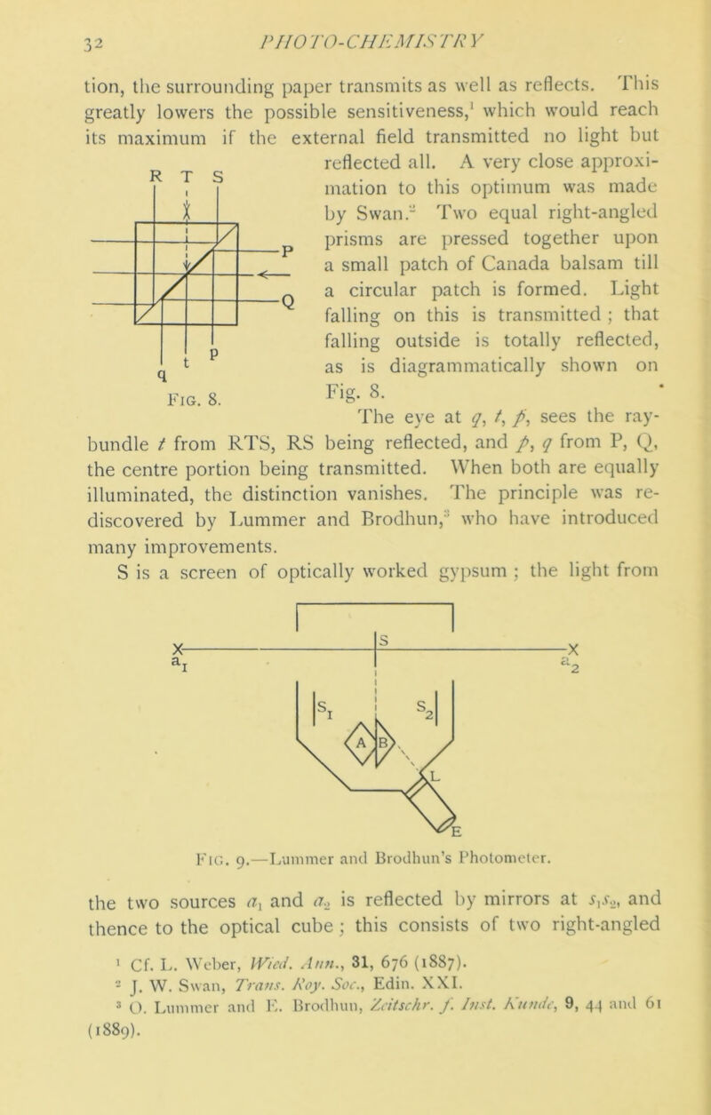 tion, the surrounding paper transmits as well as reflects. This greatly lowers the possible sensitiveness,1 which would reach its maximum if the external field transmitted no light but reflected all. A very close approxi- mation to this optimum was made by Swan. Two equal right-angled prisms are pressed together upon a small patch of Canada balsam till a circular patch is formed. Light falling on this is transmitted ; that falling outside is totally reflected, as is diagrammatically shown on Fig. 8. Fig. 8. The eye at q, t, /, sees the ray- bundle t from RTS, RS being reflected, and /, q from P, Q, the centre portion being transmitted. When both are equally illuminated, the distinction vanishes. The principle was re- discovered by hummer and Brodhun,:! who have introduced many improvements. S is a screen of optically worked gypsum ; the light from the two sources rz, and a.2 is reflected by mirrors at s^s.2, and thence to the optical cube; this consists of two right-angled 1 Cf. L. Weber, Wied. Ann., 31, 676 (1887). - J. W. Swan, Trans. Roy. Soc., Edin. XXI. 3 O. Lummer and E. Brodluin, Zcitschr. f. Inst. A undo. 9, 4.4 and 61 (1889).