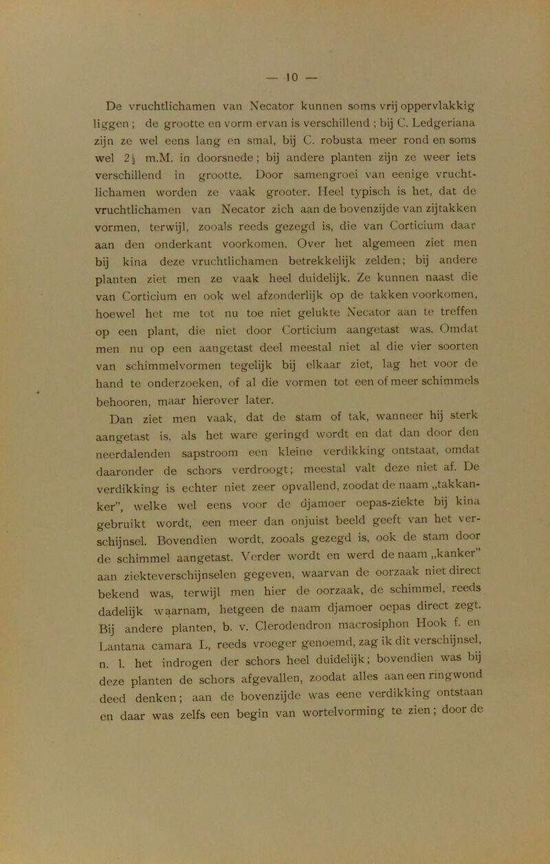 De vruchtlichamen van Necator kunnen soms vrij oppervlakkig liggen ; de grootte en vorm ervan is verschillend ; bij C. Ledgeriana zijn ze wel eens lang en smal, bij C. robusta meer rond en soms wel 2.^ m.M. in doorsnede; bij andere planten zijn ze weer iets verschillend in grootte. Door samengroei van eenige vrucht- lichamen worden ze vaak grooter. Meel typisch is het, dat de vruchtlichamen van Necator zich aan de bovenzijde van zijtakken vormen, terwijl, zooals reeds gezegd is, die van Corticium daar aan den onderkant voorkomen. Over het algemeen ziet men bij kina deze vruchtlichamen betrekkelijk zelden; bij andere planten ziet men ze vaak heel duidelijk. Ze kunnen naast die van Corticium en ook wel afzonderlijk op de takken voorkomen, hoewel het me tot nu toe niet gelukte Necator aan te treffen op een plant, die niet door Corticium aangetast was. Omdat men nu op een aangetast deel meestal niet al die vier soorten van schimmelvormen tegelijk bij elkaar ziet, lag het voor de hand te onderzoeken, of al die vormen tot een of meer schimmels behooren, maar hierover later. Dan ziet men vaak, dat de stam of tak, wanneer hij sterk aangetast is, als het ware geringd wordt en dat dan door den neerdalenden sapstroom een kleine verdikking ontstaat, omdat daaronder de schors verdroogt; meestal valt deze niet af. De verdikking is echter niet zeer opvallend, zoodat de naam „takkan- ker”, welke wel eens voor de djamoer oepas-ziekte bij kina gebruikt wordt, een meer dan onjuist beeld geeft van het ver- schijnsel. Bovendien wordt, zooals gezegd is, ook de stam door de schimmel aangetast. Verder wordt en werd de naam „kanker aan ziekteverschijnselen gegeven, waarvan de oorzaak met direct bekend was, terwijl men hier de oorzaak, de schimmel, reeds dadelijk waarnam, hetgeen de naam djamoer oepas direct zegt. Bij andere planten, b. v. Clerodendron macrosiphon Hook f. en Lantana camara L, reeds vroeger genoemd, zag ik dit verschijnsel, n. 1. het indrogen der schors heel duidelijk; bovendien was bij deze planten de schors afgevallen, zoodat alles aaneen rmgwond deed denken; aan de bovenzijde was eene verdikking ontstaan en daar was zelfs een begin van wortelvorming te zien; door de