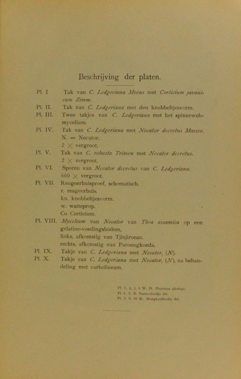 Beschrijving der platen. pi. i Pi. ii. pi. ui. PI. IV. pi. v. PI. VI. PI. VII. PI. VIII. PI. IX. pi. x. Tak van C. Lcdgcriana Moens met Corticium javani- cum Zitntn. Tak van C. Lcdgcriana met den knobbeltjesvorm. Twee takjes van C. Lcdgcriana met het spinneweb- mycelium. Tak van C. Lcdgcriana met Nccator dccrc/us Massce. N. = Neeator. 2 X vergroot. Tak van C. robusta Trimcn met Nccator dccretus. 2 X vergroot. Sporen van Nccator dccrctus van C. Lcdgcriana. 660 X vergroot. Reageerbuisproef, schematisch, r. reageerbuis, kn. knobbeltjesvorm. w. watteprop. Co Corticium. Myccltum van Nccator van Th ca assatnica op een gelat i ne-voed i n gsbodem, links, afkomstig van Tjinjiroean. rechts, afkomstig van Parocngkoeda. rakje van C. Ledgcriana met Nccator, (N). J akje van C. Lcdgcriana met Nccator, (Ar), na behan- deling met carbolineum. BI. t y 2, 3, 8 W. H. Heytoian photf>gr. PI. 4, 5. R. Soemodiredjo del.