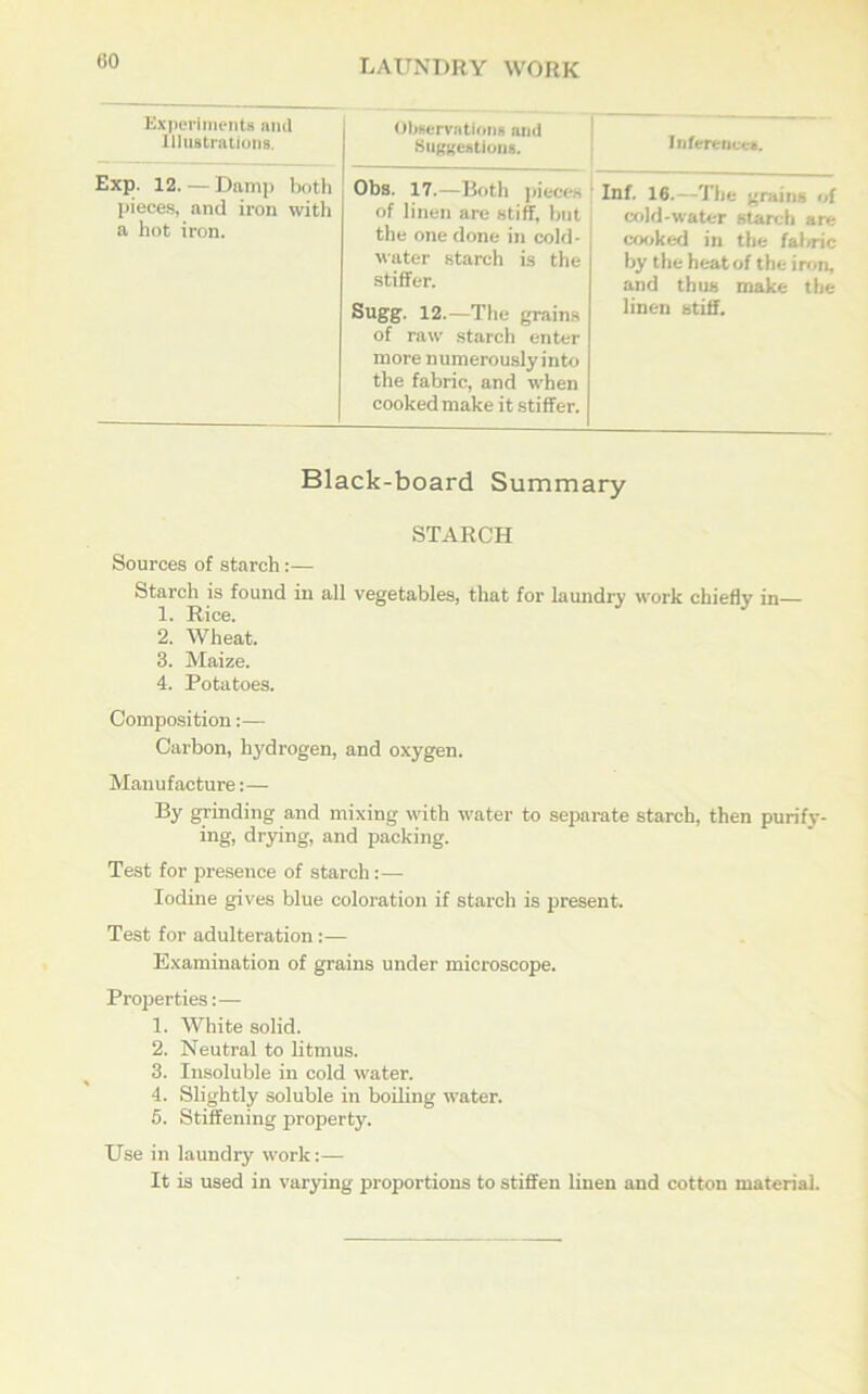 Experiments and Illustrations. Observations and Suggestions. Inference*. Exp. 12. — Damp both pieces, and iron with a hot iron. Obs. 17.—Both pieces of linen are stiff, but the one done in cold- water starch is the stiffer. Sugg. 12.—The grains of raw starch enter more numerouslyinto the fabric, and when cooked make it stiffer. Inf. 16.—The grains of cold-water starch are cooked in the fabric by the heat of the iron, and thus make the linen stiff. Black-board Summary STARCH Sources of starch:— Starch is found in all vegetables, that for laundry work chiefly in— 1. Rice. 2. Wheat. 3. Maize. 4. Potatoes. Composition:— Carbon, hydrogen, and oxygen. Manufacture:— By grinding and mixing with water to separate starch, then purify- ing, drying, and packing. Test for presence of starch:— Iodine gives blue coloration if starch is present. Test for adulteration:— Examination of grains under microscope. Properties:— 1. White solid. 2. Neutral to litmus. 3. Insoluble in cold water. 4. Slightly soluble in boiling water. 5. Stiffening property. Use in laundry work:— It is used in varying proportions to stiffen linen and cotton material.