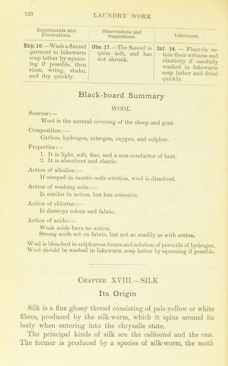 Experiments anil Illustrations. Observations and Suggestions. Inferences. Exp. 10.—Wash a flannel garment in lukewarm soap lather by squeez- ing if possible, then rinse, wring, shake, and dry quickly. Obs. 17.—The flannel is quite soft, and has not shrunk. Inf. 14. — KlanreU re- tain their softness and elasticity if carefully washed in lukewarm soap lather and drier! quickly. Black-board Summary Sources:— WOOL Wool is the natural covering of the sheep and goat. Composition: — Carbon, hydrogen, nitrogen, oxygen, and sulphur. Properties:— 1. It is light, soft, fine, and a non-conductor of heat. 2. It is absorbent and elastic. Action of alkalies:— If steeped in caustic-soda solution, wool is dissolved. Action of washing soda:— Is similar in action, but less corrosive. Action of chlorine:— It destroys colour and fabric. Action of acids:— Weak acids have no action. Strong acids act on fabric, but not so readily as with cotton. Wool is bleached in sulphurous fumes and solution of peroxide of hydrogen. Wool should be washed in lukewarm soap lather by squeezing if possible. Chapter XVIII.—SILK Its Origin Silk is a fine glossy thread consisting of pale-yellow or white fibres, produced by the silk-worm, which it spins around its body when entering into the chrysalis state. The principal kinds of silk are the cultivated and the raw. The former is produced by a species of silk-worm, the moth