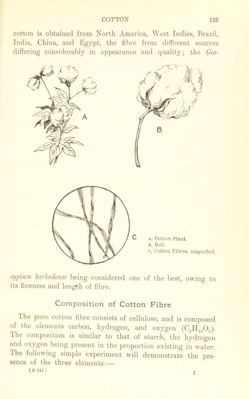 cotton is obtained from North America, West Indies, Brazil, India, China, and Egypt, the fibre from different sources differing considerably in appearance and quality; the Gos- sypium barbadense being considered one of the best, owing to its fineness and length of fibre. Composition of Cotton Fibre The pure cotton fibre consists of cellulose, and is composed of the elements carbon, hydrogen, and oxygen (C0H10O5). The composition is similar to that of starch, the hydrogen and oxygen being present in the proportion existing in water. The following simple experiment will demonstrate the pre- sence of the three elements:— ( B 141) ,