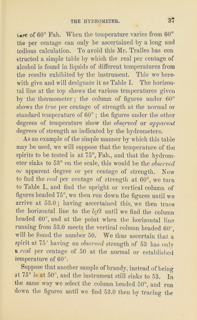 icre of 60° Fah. When the temperature varies from 60° the per centage can only be ascertained by a long and tedious calculation. To avoid this Mr. Tralles has con btructed a simple table by which the real per centage of alcohol is found in liquids of different temperatures from the results exhibited by the instrument. This we here- with give and will designate it as Table I. The horizon- tal line at the top shows the various temperatures given by the thermometer; the column of figures under 60° shows the true per centage of strength at the normal or standard temperature of 60°; the figures under the other degrees of temperature show the observed or apparent degrees of strength as indicated by the hydrometers; As an example of the simple manner by which this table inav be used, we will suppose that the temperature of the spirits to be tested is at 75°, Fah., and that the hydrom- eter sinks to 53° on the scale, this would be the observed or apparent degree or per centage of strength. Now to find the real per centage of strength at 60°, we turn to Table I., and find the upright or vertical column of figures headed 75°, we then run down the figures until we arrive at 53.0 ; having ascertained this, we then trace the horizontal line to the left until we find the column headed 60°, and at the point when the horizontal lino running from 53.0 meets the vertical column headed 60°, will be found the number 50. We thus ascertain that a spirit at 75’ having an observed strength of 53 has only a real per centage of 50 at the normal or established temperature of 60°. Suppose that another sample of brandy, instead of being at 75° is at 50°, and the instrument still sinks to 53. In the same way we select the column headed 50°, and run down the figures until we find 53,0 then by tracing the