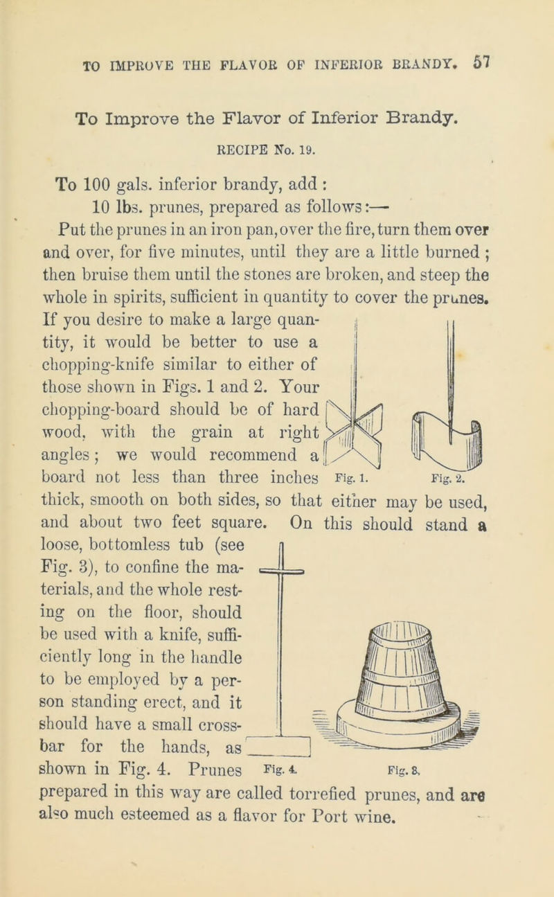 To Improve the Flavor of Inferior Brandy. RECIPE No. 19. To 100 gals, inferior brandy, add : 10 lbs. prunes, prepared as follows:—- Put the prunes in an iron pan,over the fire, turn them over and over, for five minutes, until they are a little burned ; then bruise them until the stones are broken, and steep the whole in spirits, sufficient in quantity to cover the prunes. If you desire to make a large quan- tity, it would be better to use a chopping-knife similar to either of those shown in Figs. 1 and 2. Your chopping-board should be of hard wood, with the grain at right angles ; we would recommend a | board not less than three inches Fig. 1. Fig. 2. thick, smooth on both sides, so that either may be used, and about two feet square. On this should stand a loose, bottomless tub (see Fig. 3), to confine the ma- terials, and the whole rest- ing on the floor, should be used with a knife, suffi- ciently long in the handle to be employed by a per- son standing erect, and it should have a small cross- bar for the hands, as | shown in Fig. 4. Prunes Fig. 4 Fig. a prepared in this way are called torrefied prunes, and are also much esteemed as a flavor for Port wine.