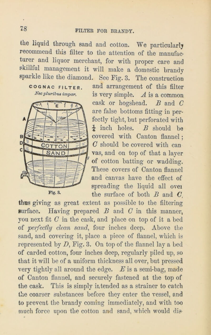 28 the liquid through sand and cotton. We particularly recommend this filter to the attention of the manufac- turer and liquor merchant, for with proper care and skillful management it will make a domestic brandy spaikle like the diamond. See Fig. 3. The construction cognac filter. and arrangement of this filter *Tecpiuribw impar. is very simple. A is a common cask or hogshead. B and C are false bottoms fitting in per- fectly tight, but perforated with i inch holes. B should be covered with Canton flannel; C should be covered with can vas, and on top of that a layer of cotton batting or wadding. These covers of Canton flannel and canvas have the effect of spreading the liquid all ovei the surface of both B and C, thus giving as great extent as possible to the filtering surface. Having prepared B and C in this manner, you next fit C in the cask, and place on top of it a bed of perfectly dean sand, four inches deep. Above the sand, and covering it, place a piece of flannel, which is represented by D, Fig. 3. On top of the flannel lay a bed of carded cotton, four inches deep, regularly piled up, so that it will be of a uniform thickness all over, but pressed very tightly all around the edge, i? is a semi-bag, made of Canton flannel, and securely fastened at the top of the cask. This is simply intended as a strainer to catch the coarser substances before they enter the vessel, and to prevent the brandy coming immediately, and with too much force upon the cotton and sand, which would dis-