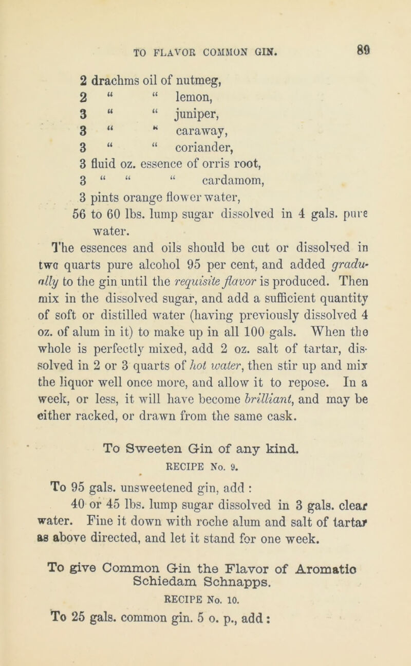 TO FLAVOR COMMON GIN. 2 drachms oil of nutmeg, 2 “ “ lemon, 3 “ “ juniper, 3 “ * caraway, 3 “ “ coriander, 3 fluid oz. essence of orris root, 3 “ “ “ cardamom, 3 pints orange flower water, 56 to 60 lbs. lump sugar dissolved in 4 gals, pure water. The essences and oils should be cut or dissolved in two quarts pure alcohol 95 per cent, and added gradu- ally to the gin until the requisite flavor is produced. Then mix in the dissolved sugar, and add a sufficient quantity of soft or distilled water (having previously dissolved 4 oz. of alum in it) to make up in all 100 gals. When the whole is perfectly mixed, add 2 oz. salt of tartar, dis- solved in 2 or 3 quarts of hot water, then stir up and mix the liquor well once more, aud allow it to repose. In a week, or less, it will have become brilliant, and may be either racked, or drawn from the same cask. To Sweeten Gin of any kind. RECIPE No. 9. » To 95 gals, unsweetened gin, add : 40 or 45 lbs. lump sugar dissolved in 3 gals, clear water. Fine it down with roclie alum and salt of tartar as above directed, and let it stand for one week. To give Common Gin the Flavor of Aromatic Schiedam Schnapps. RECIPE No. 10. To 25 gals, common gin. 5 o. p., add: