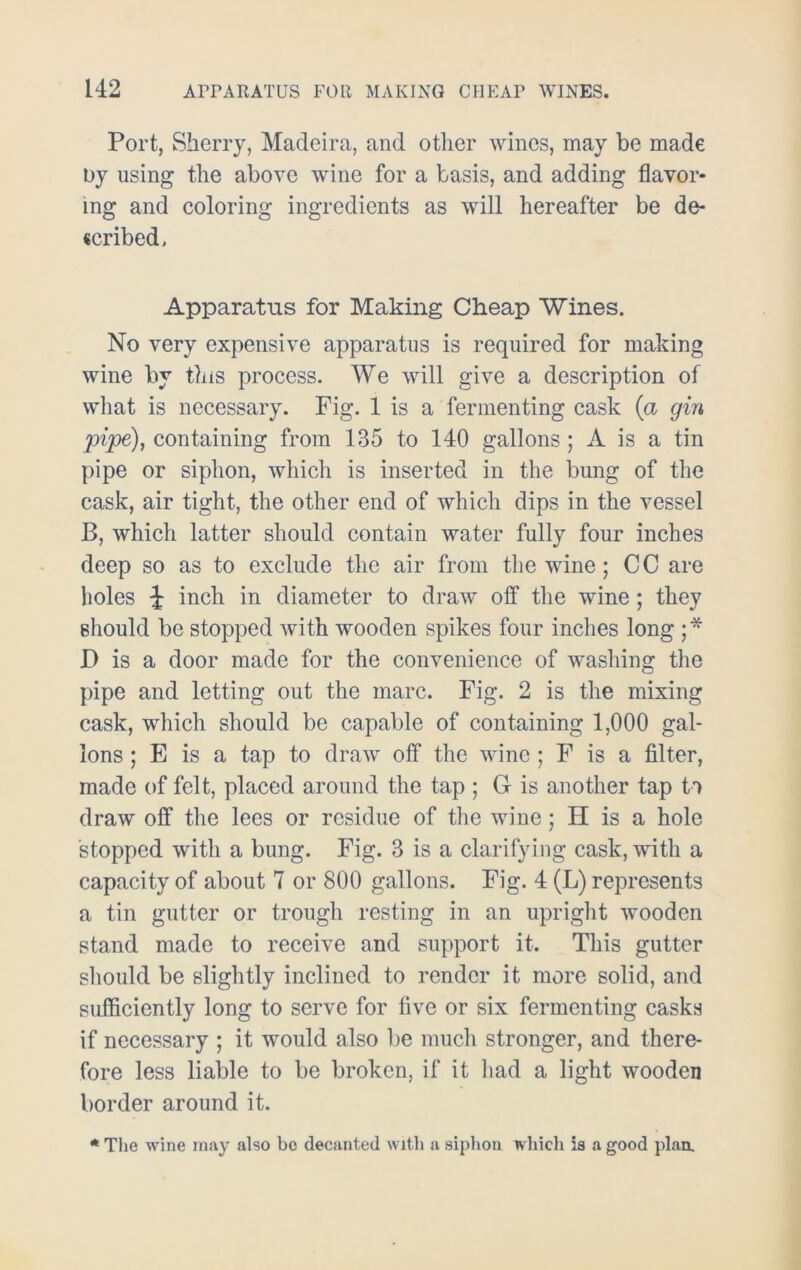 Port, Sherry, Madeira, and other wines, may be made by using the above wine for a basis, and adding flavor* ing and coloring ingredients as will hereafter be de- scribed. Apparatus for Making Cheap Wines. No very expensive apparatus is required for making wine by this process. We will give a description of what is necessary. Fig. 1 is a fermenting cask (a gin pipe), containing from 135 to 140 gallons; A is a tin pipe or siphon, which is inserted in the bung of the cask, air tight, the other end of which dips in the vessel B, which latter should contain water fully four inches deep so as to exclude the air from the wine; C C are holes i inch in diameter to draw off the wine; they should be stopped with wooden spikes four inches long ; * D is a door made for the convenience of washing the pipe and letting out the marc. Fig. 2 is the mixing cask, which should be capable of containing 1,000 gal- lons ; E is a tap to draw off the wine ; F is a filter, made of felt, placed around the tap ; Gr is another tap to draw off the lees or residue of the wine; II is a hole stopped with a bung. Fig. 3 is a clarifying cask, with a capacity of about 7 or 800 gallons. Fig. 4 (L) represents a tin gutter or trough resting in an upright wooden stand made to receive and support it. This gutter should be slightly inclined to render it more solid, and sufficiently long to serve for five or six fermenting casks if necessary ; it would also be much stronger, and there- fore less liable to be broken, if it had a light wooden border around it. * The wine may also be decanted with a siphon which is a good plan.