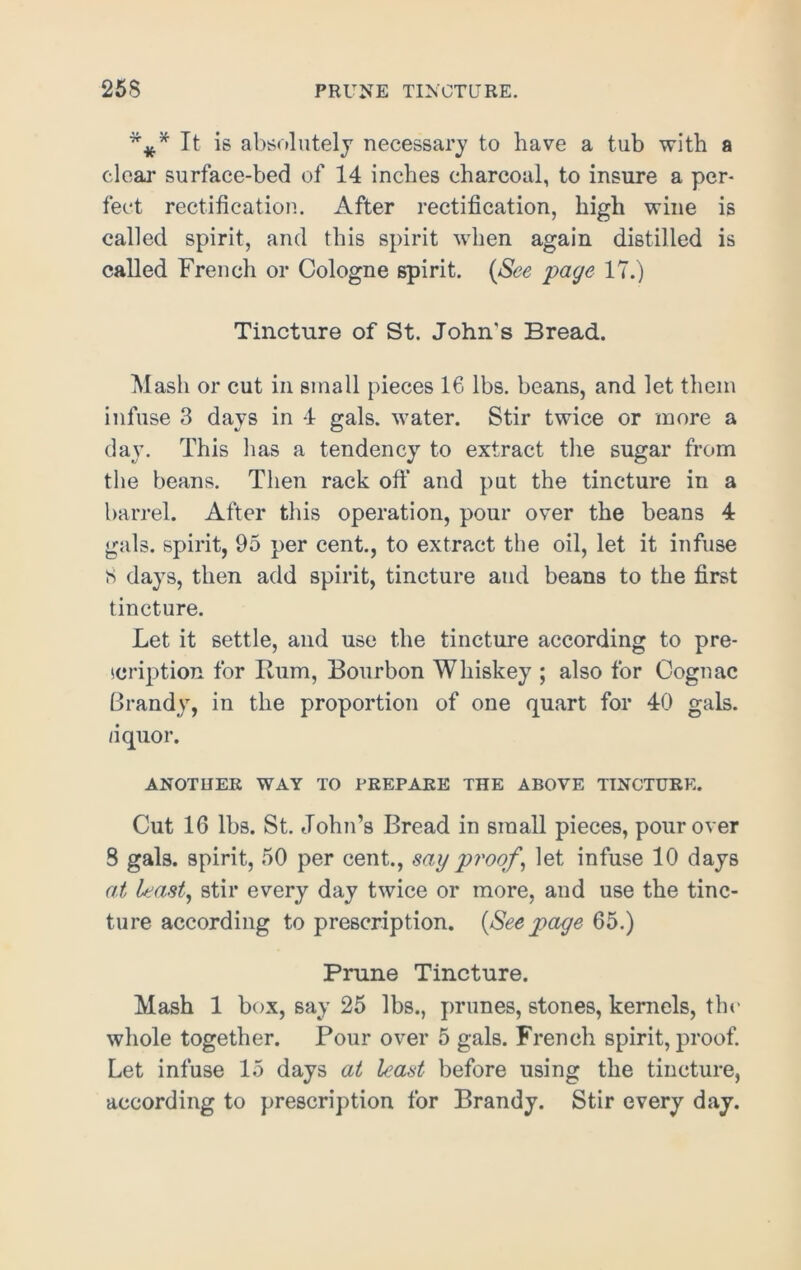25S PRUNE TINCTURE. It is absolutely necessary to have a tub with a cleai- surface-bed of 14 inches charcoal, to insure a per- fect rectification. After rectification, high wine is called spirit, and this spirit when again distilled is called French or Cologne spirit. (See page 17.) Tincture of St. John's Bread. Mash or cut in small pieces 16 lbs. beans, and let them infuse 3 days in 4 gals, water. Stir twice or more a day. This has a tendency to extract the sugar from the beans. Then rack off and put the tincture in a barrel. After this operation, pour over the beans 4 gals, spirit, 95 per cent., to extract the oil, let it infuse ts days, then add spirit, tincture and beans to the first tincture. Let it settle, and use the tincture according to pre- scription for Rum, Bourbon Whiskey ; also for Cognac Brandy, in the proportion of one quart for 40 gals, /iquor. ANOTHER WAY TO PREPARE THE ABOVE TINCTURE. Cut 16 lbs. St. John’s Bread in small pieces, pour over 8 gals, spirit, 50 per cent., say proof , let infuse 10 days at least, stir every day twice or more, and use the tinc- ture according to prescription. [Seepage 65.) Prune Tincture. Mash 1 box, say 25 lbs., prunes, stones, kernels, the whole together. Pour over 5 gals. French spirit, proof. Let infuse 15 days at least before using the tincture, according to prescription for Brandy. Stir every day.