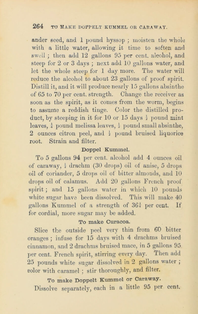 ander seed, and 1 pound hyssop ; moisten the whole with a little water, allowing it time to soften and swell ; then add 12 gallons 95 per cent, alcohol, and steep for 2 or 3 days ; next add 10 gallons water, and let the whole steep for 1 day more. The water will reduce the alcohol to about 23 gallons of proof spirit. Distill it, and it will produce nearly 15 gallons absintho of 65 to 70 per cent, strength. Change the receiver as soon as the spirit, as it conies from the worm, begins to assume a reddish tinge. Color the distilled pro- duct, by steeping in it for 10 or 15 days \ pound mint leaves, I pound melissa leaves, I pound small absinthe, 2 ounces citron peel, and \ pound bruised liquorice root. Strain and filter. Doppel Kummel. To 5 gallons 94 per cent, alcohol add 4 ounces oil of caraway, \ drachm (30 drops) oil of anise, 5 drops oil of coriander, 5 drops oil of bitter almonds, and 10 drops oil of calamus. Add 20 gallons French proof spirit ; and 15 gallons water in which 10 pounds white sugar have been dissolved. This will make 40 gallons Kummel of a strength of 361 per cent. If for cordial, more sugar may be added. To make Curacoa. Slice the outside peel very thin from 60 bitter oranges ; infuse for 15 davs with 4 drachms bruised cinnamon, and 2 drachms bruised mace, in 5 gallons 95 per cent. French spirit, stirring every day. Then add 25 pounds white sugar dissolved in 2 gallons water ; color with caramel ; stir thoroughly, and filter. To make Doppelt Kummel or Caraway. Dissolve separately, each in a little 95 per cent.