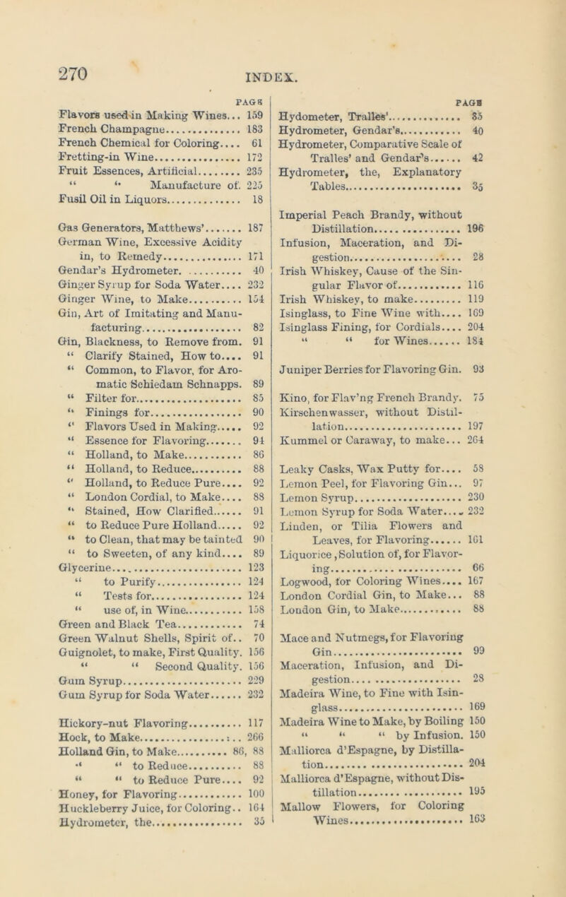 PAG 8 Flavors used in Making Wines... 159 French Champagne 183 French Chemical for Coloring.... 61 Fretting-in Wine 172 Fruit Essences, Artificial 235 “ *• Manufacture of. 225 Fusil Oil in Liquors 18 Ga3 Generators, Matthews’ 187 German Wine, Excessive Acidity in, to Remedy 171 Gendar’s Hydrometer 40 Ginger Syrup for Soda Water.... 232 Ginger Wine, to Make 154 Gin, Art of Imitating and Manu- facturing 82 Gin, Blackness, to Remove from. 91 “ Clarify Stained, Howto.... 91 “ Common, to Flavor, for Aro- matic Schiedam Schnapps. 89 “ Filter for 85 “ Finings for 90 *' Flavors Used in Making 92 “ Essence for Flavoring 94 “ Holland, to Make 86 “ Holland, to Reduce 88 “ Holland, to Reduce Pure.... 92 “ London Cordial, to Make.... 88 “ Stained, How Clarified 91 “ to Reduce Pure Holland 92 “ to Clean, that may be tainted 90 “ to Sweeten, of any kind.... 89 Glycerine 123 “ to Purify 124 “ Tests for 124 “ use of, in Wine. 158 Green and Black Tea 74 Green Walnut Shells, Spirit of.. 70 Guignolet, to make, First Quality. 156 “ “ Second Quality. 156 Gum Syrup 229 Gum Syrup for Soda Water 232 Hickory-nut Flavoring 117 Hock, to Make :.. 266 Holland Gin, to Make 86, 88 •* “ to Reduce 88 “ “ to Reduce Pure.... 92 Honey, for Flavoring 100 Huckleberry Juice, for Coloring.. 164 Hydrometer, the 35 PAGB Hydometer, Tralles' 85 Hydrometer, Gendar’s 40 Hydrometer, Comparative Scale of Tralles’ and Gendar’s 42 Hydrometer, the, Explanatory Tables 35 Imperial Peach Brandy, without Distillation 196 Infusion, Maceration, and Di- gestion 28 Irish Whiskey, Cause of the Sin- gular Flavor of 116 Irish Whiskey, to make 119 Isinglass, to Fine Wine with.... 169 Isinglass Fining, for Cordials.... 204 “ “ for Wines 184 Juniper Berries for Flavoring Gin. 93 Kino, for Flav’ng French Brandy. 75 Kirschenwasser, without Distil- lation 197 Kummel or Caraway, to make... 264 Leaky Casks, Wax Putty for.... 58 Lemon Peel, for Flavoring Gin... 97 Lemon Syrup 230 Lemon Syrup for Soda Water.... 232 Linden, or Tilia Flowers and Leaves, for Flavoring 161 Liquorice, Solution of, for Flavor- ing 66 Logwood, for Coloring Wines.... 167 London Cordial Gin, to Make... 88 Loudon Gin, to Make 88 Mace and Nutmegs, for Flavoring Gin 99 Maceration, Infusion, and Di- gestion 28 Madeira Wine, to Fine with Isin- glass 169 Madeira Wine to Make, by Boiling 150 “ “ “ by Infusion. 150 Malliorca d’Espagne, by Distilla- tion 204 Malliorca d’Espagne, without Dis- tillation 105 Mallow Flowers, for Coloring Wines 163