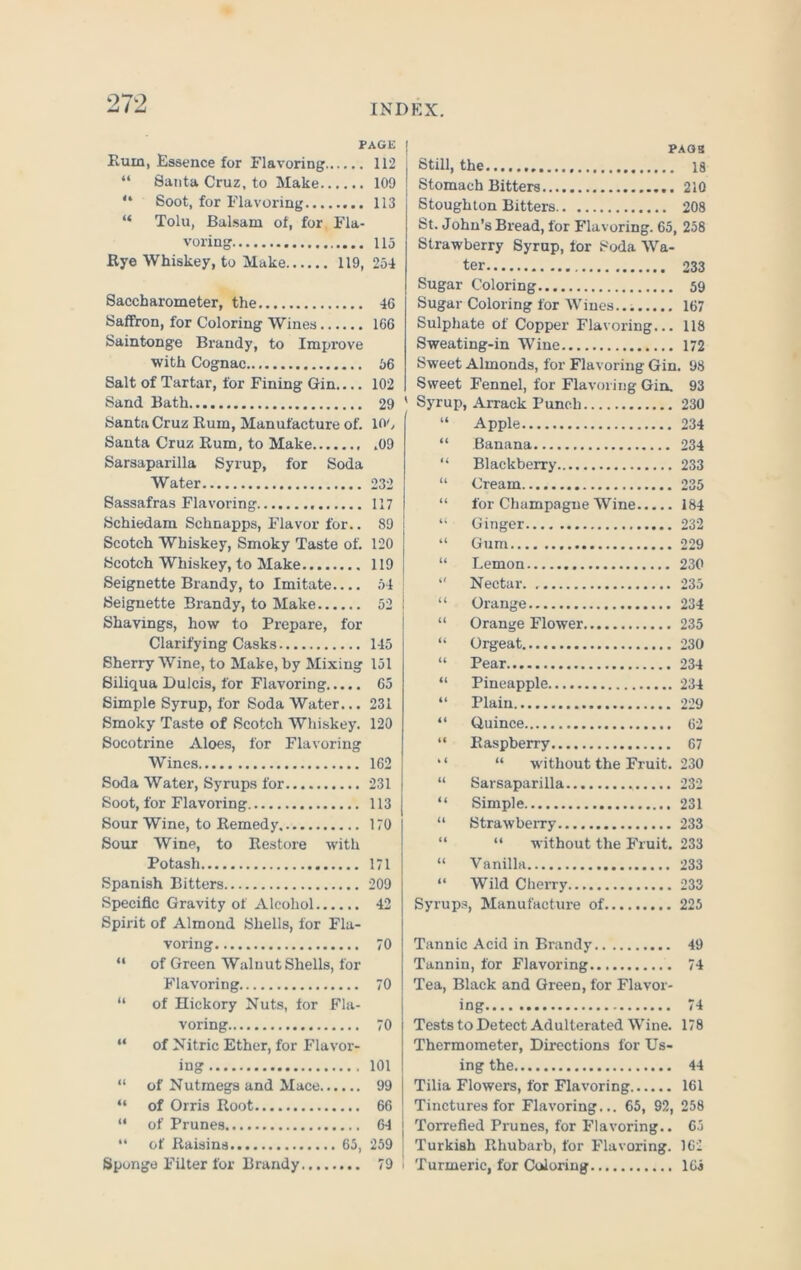 PAGE Ruin, Essence for Flavoring 112 “ Santa Cruz, to Make 109 “ Soot, for Flavoring 113 “ Tolu, Balsam of, for Fla- voring 115 Rye Whiskey, to Make 119, 254 Saccharometer, the 46 Saffron, for Coloring Wines 166 Saintonge Brandy, to Improve with Cognac 66 Salt of Tartar, for Fining Gin.... 102 Sand Bath 29 ' Santa Cruz Rum, Manufacture of. 10'. Santa Cruz Rum, to Make .09 Sarsaparilla Syrup, for Soda Water 232 Sassafras Flavoring 117 Schiedam Schnapps, Flavor for.. 89 Scotch Whiskey, Smoky Taste of. 120 Scotch Whiskey, to Make 119 Seignette Brandy, to Imitate 54 Seignette Brandy, to Make 52 i Shavings, how to Prepare, for Clarifying Casks 145 Sherry Wine, to Make, by Mixing 151 Siliqua Dulcis, for Flavoring 65 Simple Syrup, for Soda Water... 231 Smoky Taste of Scotch Whiskey. 120 Socotrine Aloes, for Flavoring Wines 162 Soda Water, Syrups for 231 Soot, for Flavoring 113 Sour Wine, to Remedy 170 Sour Wine, to Restore with Potash 171 Spanish Bitters 209 Specific Gravity of Alcohol 42 Spirit of Almond Shells, for Fla- voring 70 “ of Green Walnut Shells, for Flavoring 70 “ of Hickory Nuts, for Fla- voring 70 “ of Nitric Ether, for Flavor- ing 101 “ of Nutmegs and Mace 99 “ of Orris Root 66 “ of Prunes 64 “ of Raisins 65, 259 Sponge Filter for Brandy 79 PASS I Still, the 18 : Stomach Bitters 210 Stoughton Bitters 208 St. John’s Bread, for Flavoring. 65, 258 Strawberry Syrup, for Soda Wa- ter 233 Sugar Coloring 59 Sugar Coloring for Wines 167 Sulphate of Copper Flavoring... 118 Sweating-in Wine 172 Sweet Almonds, for Flavoring Gin. 98 Sweet Fennel, for Flavoring Gin. 93 ' Syrup, Arrack Punch 230 “ Apple 234 “ Banana 234 “ Blackberry 233 “ Cream 235 “ for Champagne Wine 184 “ Ginger 232 “ Gum 229 “ Lemon 230 “ Nectar. 235 “ Orange 234 “ Orange Flower 235 “ Orgeat 230 “ Pear 234 “ Pineapple.... 234 “ Plain 229 “ Quince 62 “ Raspberry 67 “ “ without the Fruit. 230 “ Sarsaparilla 232 “ Simple 231 “ Strawberry 233 “ without the Fruit. 233 “ Vanilla 233 “ Wild Cherry 233 Syrups, Manufacture of 225 Tannic Acid in Brandy 49 Tannin, for Flavoring 74 Tea, Black and Green, for Flavor- ing 74 Tests to Detect Adulterated Wine. 178 Thermometer, Directions for Us- ing the 44 Tilia Flowers, for Flavoring 161 Tinctures for Flavoring... 65, 92, 258 Torrefied Prunes, for Flavoring.. 65 Turkish Rhubarb, for Flavoring. 162 Turmeric, for Coloring 165