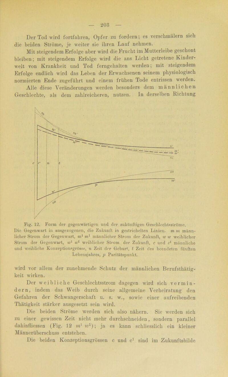 Der Tod wird fortfahren, Opfer zu fordern; es verschmälern sich die beiden Ströme, je weiter sie ihren Lauf nehmen. Mit steigendem Erfolge aber wird die Frucht im Mutterleibe geschont bleiben; mit steigendem Erfolge wird die ans Licht getretene Kinder- welt von Krankheit und Tod ferngehalten werden; mit steigendem Erfolge endlich wird das Leben der Erwachsenen seinem physiologisch normierten Ende zugeführt und einem frühen Tode entrissen werden. Alle diese Veränderungen werden besonders dem männlichen Geschlechte, als dem zahlreicheren, nutzen. In derselben Richtung Fig. 12. Form der gegenwärtigen und der zukünftigen Geschieh tsslrümc. Die Gegenwart in ausgezogenen, die Zukunft in gestrichelten Linien, m m männ- licher Strom der Gegenwart, »t1 m1 männlicher Strom der Zukunft, iv w weiblicher Strom der Gegenwart, iv1 io1 weiblicher Strom der Zukunft, c und c1 männliche und weibliche Konzeptionsgrösse, n Zeit der Geburt, t Zeit des beendeten fünften Lebensjahres, p Paritätspunkt. wird vor allem der zunehmende Schutz der männlichen Berufsthätig- keit wirken. Der weibliche Geschlechtsstrom dagegen wird sich vermin- dern, indem das Weib durch seine allgemeine Verheiratung den Gefahren der Schwangerschaft u. s. w., sowie einer aufreibenden Thätigkeit stärker ausgesetzt sein wird. Die beiden Ströme werden sich also nähern. Sie werden sich zu einer gewissen Zeit nicht mehr durchschneiden, sondern parallel dahinfliessen (Fig. 12 m'te1); ja es kann schliesslich ein kleiner Männerüberschuss entstehen. Die beiden Konzeptionsgrössen c und c1 sind im Zukunftsbilde