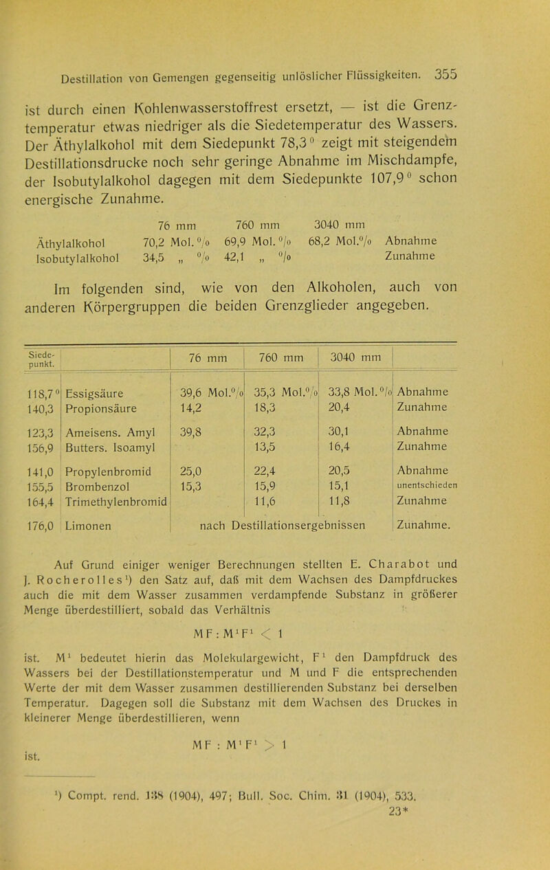 ist durch einen Kohlenwasserstoffrest ersetzt, — ist die Grenz- temperatur etwas niedriger als die Siedetemperatur des Wassers. Der Äthylalkohol mit dem Siedepunkt 78,30 zeigt mit steigendem Destillationsdrucke noch sehr geringe Abnahme im Mischdampfe, der Isobutylalkohol dagegen mit dem Siedepunkte 107,9° schon energische Zunahme. 76 mm 760 mm 3040 mm Äthylalkohol 70,2 Mol. °/o 69,9 Mol.°/o 68,2 Mol.°/o Abnahme Isobutylalkohol 34,5 „ °/o 42,1 „ °/o Zunahme Im folgenden sind, wie von den Alkoholen, auch von anderen Körpergruppen die beiden Grenzglieder angegeben. Siede- punkt. 76 mm 760 mm 3040 mm 118,7° Essigsäure 39,6 Mol.0 o 35,3 Mol.°/o 33,8 Mol.°/o Abnahme 140,3 Propionsäure 14,2 18,3 20,4 Zunahme 123,3 Ameisens. Amyl 39,8 32,3 30,1 Abnahme 156,9 Butters. Isoamyl 13,5 16,4 Zunahme 141,0 Propylenbromid 25,0 22,4 20,5 Abnahme 155,5 Brombenzol 15,3 15,9 15,1 unentschieden 164,4 Trimethylenbromid 11,6 11,8 Zunahme 176,0 Limonen nach Destillationsergebnissen Zunahme. Auf Grund einiger weniger Berechnungen stellten E. Charabot und J. Rocherolles1) den Satz auf, daß mit dem Wachsen des Dampfdruckes auch die mit dem Wasser zusammen verdampfende Substanz in größerer Menge überdestilliert, sobald das Verhältnis M F : M1 F1 < 1 ist. M1 bedeutet hierin das Molekulargewicht, F1 den Dampfdruck des Wassers bei der Destillationstemperatur und M und F die entsprechenden Werte der mit dem Wasser zusammen destillierenden Substanz bei derselben Temperatur. Dagegen soll die Substanz mit dem Wachsen des Druckes in kleinerer Menge überdestillieren, wenn MF : M'F1 > 1 ist. ■) Compt. rend. J3S (1904), 497; Bull. Soc. Chini. 31 (1904), 533. 23*