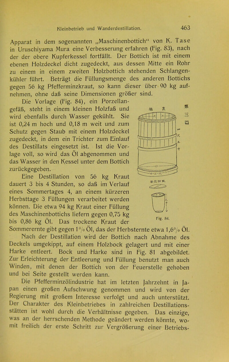 Apparat in dem sogenannten „Maschinenbottich“ von K. Tase in Uruschiyama Mura eine Verbesserung erfahren (Fig. 83), nach der der obere Kupferkessel fortfällt. Der Bottich ist mit einem ebenen Holzdeckel dicht zugedeckt, aus dessen Mitte ein Rohr zu einem in einem zweiten Holzbottich stehenden Schlangen- kühler führt. Beträgt die Füllungsmenge des anderen Bottichs gegen 56 kg Pfefferminzkraut, so kann dieser über 90 kg auf- nehmen, ohne daß seine Dimensionen größer sind. Die Vorlage (Fig. 84), ein Porzellan- gefäß, steht in einem kleinen Holzfaß und wird ebenfalls durch Wasser gekühlt. Sie ist 0,24 m hoch und 0,18 m weit und zum Schutz gegen Staub mit einem Holzdeckel zugedeckt, in dem ein Trichter zum Einlauf des Destillats eingesetzt ist. Ist die Vor- lage voll, so wird das Öl abgenommen und das Wasser in den Kessel unter dem Bottich zurückgegeben. Eine Destillation von 56 kg Kraut dauert 3 bis 4 Stunden, so daß im Verlauf eines Sommertages 4, an einem kürzeren Herbsttage 3 Füllungen verarbeitet werden können. Die etwa 94 kg Kraut einer Füllung des Maschinenbottichs liefern gegen 0,75 kg bis 0,86 kg Öl. Das trockene Kraut der Sommerernte gibt gegen l°/o Öl, das der Herbsternte etwa l,6°/o Öl. Nach der Destillation wird der Bottich nach Abnahme des Deckels umgekippt, auf einem Holzbock gelagert und mit einer Harke entleert. Bock und Harke sind in Fig. 81 abgebildet. Zur Erleichterung der Entleerung und Füllung benutzt man auch Winden, mit denen der Bottich von der Feuerstelle gehoben und bei Seite gestellt werden kann. Die Pfefferminzölindustrie hat im letzten Jahrzehnt in Ja- pan einen großen Aufschwung genommen und wird von der Regierung mit großem Interesse verfolgt und auch unterstützt. Der Charakter des Kleinbetriebes in zahlreichen Destillations- stätten ist wohl durch die Verhältnisse gegeben. Das einzige, was an der herrschenden Methode geändert werden könnte, wo- mit freilich der erste Schritt zur Vergrößerung einer Betriebs- Fig. 84.