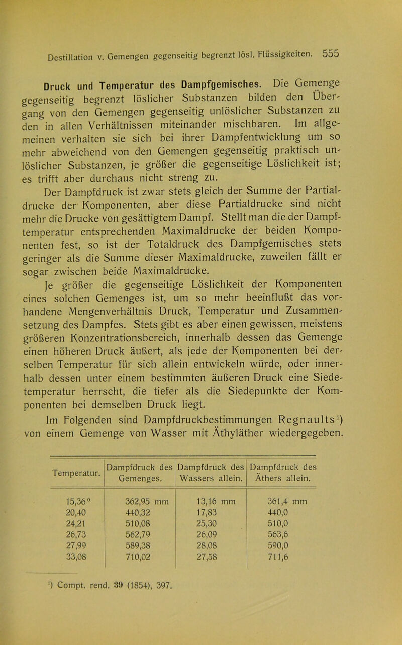 Druck und Temperatur des Dampfgemisches. Die Gemenge gegenseitig begrenzt löslicher Substanzen bilden den Über- gang von den Gemengen gegenseitig unlöslicher Substanzen zu den in allen Verhältnissen miteinander mischbaren. Im allge- meinen verhalten sie sich bei ihrer Dampfentwicklung um so mehr abweichend von den Gemengen gegenseitig praktisch un- löslicher Substanzen, je größer die gegenseitige Löslichkeit ist; es trifft aber durchaus nicht streng zu. Der Dampfdruck ist zwar stets gleich der Summe der Partial- drucke der Komponenten, aber diese Partialdrucke sind nicht mehr die Drucke von gesättigtem Dampf. Stellt man die der Dampf- temperatur entsprechenden Maximaldrucke der beiden Kompo- nenten fest, so ist der Totaldruck des Dampfgemisches stets geringer als die Summe dieser Maximaldrucke, zuweilen fällt er sogar zwischen beide Maximaldrucke. je größer die gegenseitige Löslichkeit der Komponenten eines solchen Gemenges ist, um so mehr beeinflußt das vor- handene Mengenverhältnis Druck, Temperatur und Zusammen- setzung des Dampfes. Stets gibt es aber einen gewissen, meistens größeren Konzentrationsbereich, innerhalb dessen das Gemenge einen höheren Druck äußert, als jede der Komponenten bei der- selben Temperatur für sich allein entwickeln würde, oder inner- halb dessen unter einem bestimmten äußeren Druck eine Siede- temperatur herrscht, die tiefer als die Siedepunkte der Kom- ponenten bei demselben Druck liegt. Im Folgenden sind Dampfdruckbestimmungen Regnaults1) von einem Gemenge von Wasser mit Äthyläther wiedergegeben. Temperatur. Dampfdruck des Gemenges. Dampfdruck des Wassers allein. Dampfdruck des Äthers allein. 15,36° 362,95 mm 13,16 mm 361,4 mm 20,40 440,32 17,83 440,0 24,21 510,08 25,30 510,0 26,73 562,79 26,09 563,6 27,99 589,38 28,08 590,0 33,08 710,02 27,58 711,6 ') Compt. rend. 39 (1854), 397.