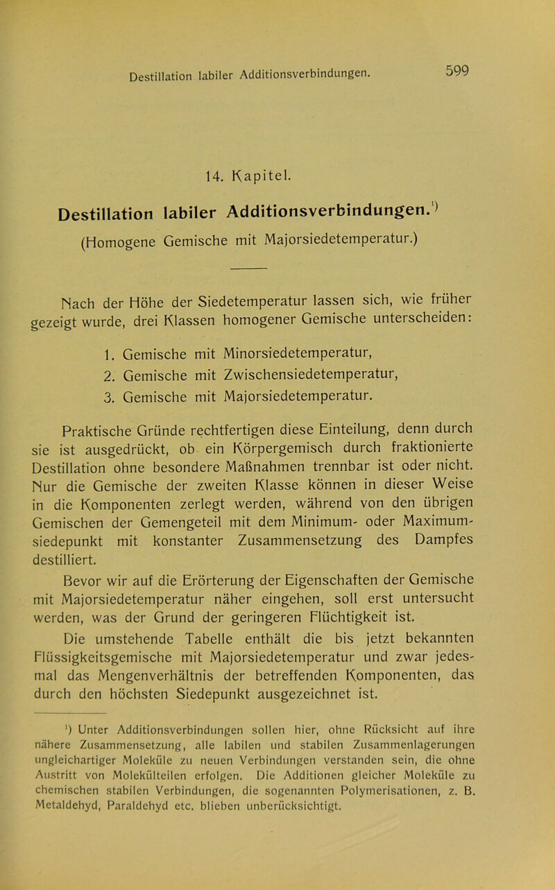 14. Kapitel. Destillation labiler Additionsverbindungen.1) (Homogene Gemische mit Majorsiedetemperatur.) Nach der Höhe der Siedetemperatur lassen sich, wie früher gezeigt wurde, drei Klassen homogener Gemische unterscheiden: 1. Gemische mit Minorsiedetemperatur, 2. Gemische mit Zwischensiedetemperatur, 3. Gemische mit Majorsiedetemperatur. Praktische Gründe rechtfertigen diese Einteilung, denn durch sie ist ausgedrückt, ob ein Körpergemisch durch fraktionierte Destillation ohne besondere Maßnahmen trennbar ist oder nicht. Nur die Gemische der zweiten Klasse können in dieser Weise in die Komponenten zerlegt werden, während von den übrigen Gemischen der Gemengeteil mit dem Minimum- oder Maximum- siedepunkt mit konstanter Zusammensetzung des Dampfes destilliert. Bevor wir auf die Erörterung der Eigenschaften der Gemische mit Majorsiedetemperatur näher eingehen, soll erst untersucht werden, was der Grund der geringeren Flüchtigkeit ist. Die umstehende Tabelle enthält die bis jetzt bekannten Flüssigkeitsgemische mit Majorsiedetemperatur und zwar jedes- mal das Mengenverhältnis der betreffenden Komponenten, das durch den höchsten Siedepunkt ausgezeichnet ist. ') Unter Additionsverbindungen sollen hier, ohne Rücksicht auf ihre nähere Zusammensetzung, alle labilen und stabilen Zusammenlagerungen ungleichartiger Moleküle zu neuen Verbindungen verstanden sein, die ohne Austritt von Molekülteilen erfolgen. Die Additionen gleicher Moleküle zu chemischen stabilen Verbindungen, die sogenannten Polymerisationen, z. B. Metaldehyd, Paraldehyd etc. blieben unberücksichtigt.