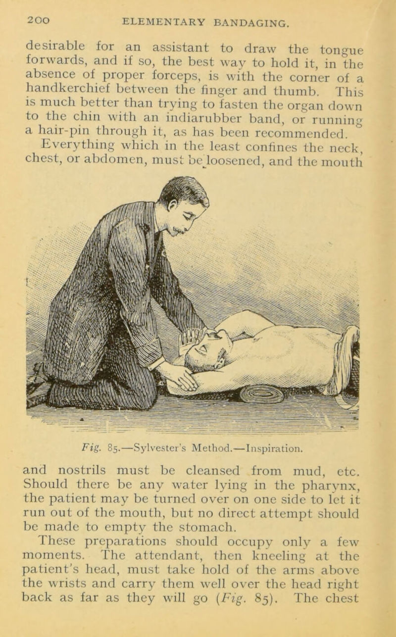 desirable for an assistant to draw the tongue forwards, and if so, the best way to hold it, in the absence of proper forceps, is with the corner of a handkerchief between the finger and thumb. This is much better than trying to fasten the organ down to the chin with an indiarubber band, or running a hair-pin through it, as has been recommended. Everything which in the least confines the neck, chest, or abdomen, must bedoosencd, and the mouth and nostrils must be cleansed from mud, etc. Should there be any water lying in the pharynx, the patient may be turned over on one side to let it run out of the mouth, but no direct attempt should be made to empty the stomach. These preparations should occupy only a few moments. The attendant, then kneeling at the patient’s head, must take hold of the arms above the wrists and carry them well over the head right back as far as they will go (Fig. 85). The chest