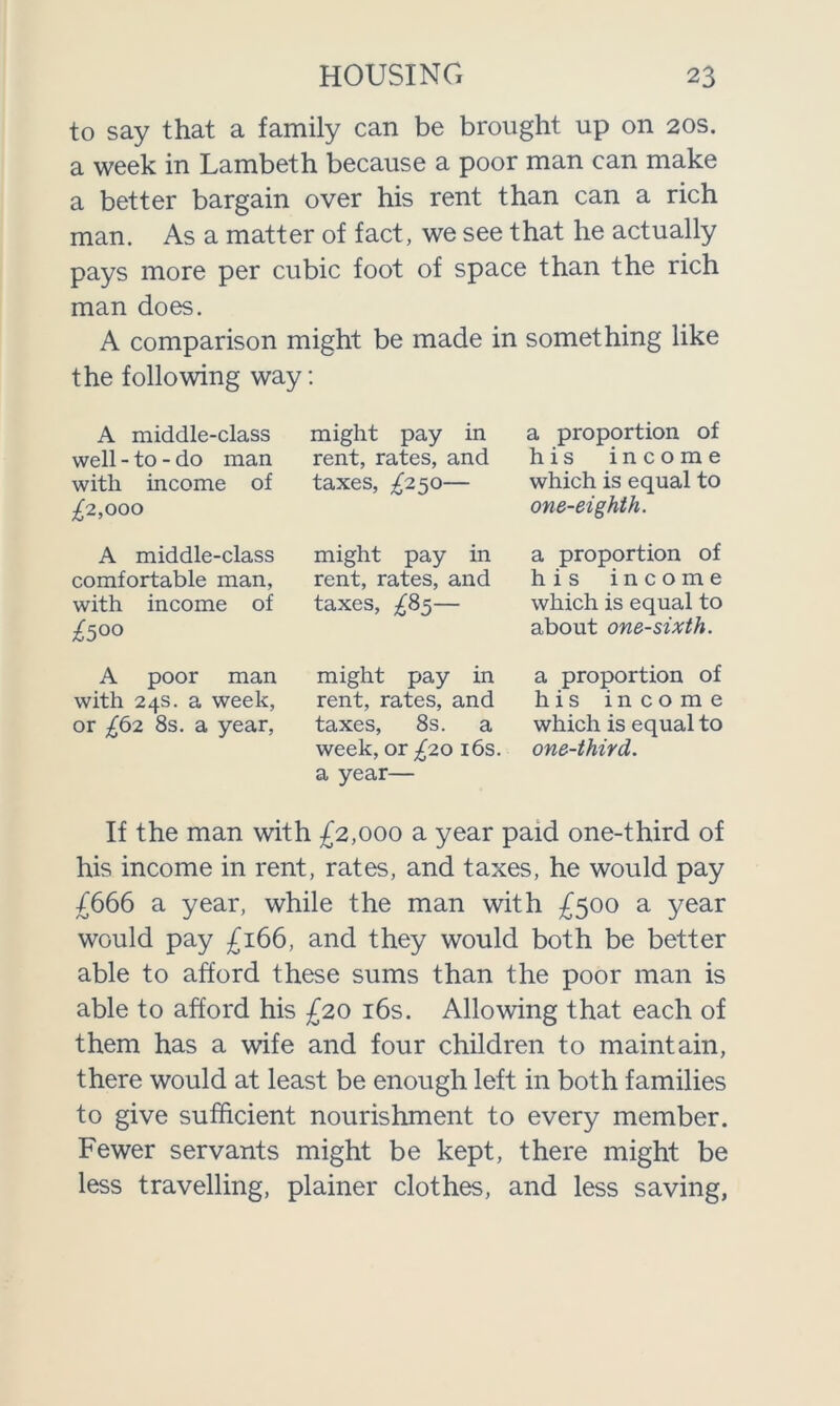 to say that a family can be brought up on 20s. a week in Lambeth because a poor man can make a better bargain over his rent than can a rich man. As a matter of fact, we see that he actually pays more per cubic foot of space than the rich man does. A comparison might be made in something like the following way: A middle-class well - to - do man with income of £2,000 A middle-class comfortable man, with income of ^500 A poor man with 24s. a week, or £62 8s. a year, might pay in rent, rates, and taxes, ^250- might pay in rent, rates, and taxes, £85— might pay in rent, rates, and taxes, 8s. a week, ot £20 16s. a year— a proportion of his income which is equal to one-eighth. a proportion of his income which is equal to about one-sixth. a proportion of his income which is equal to one-third. If the man with £2,000 a year paid one-third of his income in rent, rates, and taxes, he would pay £666 a year, while the man with £500 a year would pay £166, and they would both be better able to afford these sums than the poor man is able to afford his £20 16s. Allowing that each of them has a wife and four children to maintain, there would at least be enough left in both families to give sufficient nourishment to every member. Fewer servants might be kept, there might be less travelling, plainer clothes, and less saving,