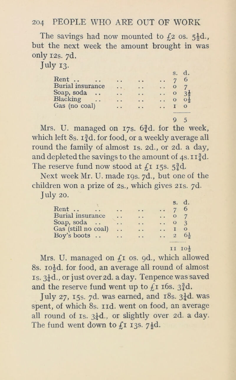 The savings had now mounted to £2 os. 5|d., but the next week the amount brought in was only i2s. 7d. July 13- s. d. Rent .. .. .. .. ..76 Burial insurance .. .. ..07 Soap, soda .. .. .. o 3J Blacking . . .. .. o o| Gas (no coal) .. .. .. 10 9 5 Mrs. U. managed on 17s. 6§d. for the week, which left 8s. if d. for food, or a weekly average all round the family of almost is. 2d., or 2d. a day, and depleted the savings to the amount of 4s.n|d. The reserve fund now stood at £1 15s. 5§d. Next week Mr. U. made 19s. 7d., but one of the children won a prize of 2s., which gives 21s. 7d. July 20. Rent .. . . .. .. ..76 Burial insurance .. . . ..07 Soap, soda .. .. .. ..03 Gas (still no coal) .. .. ..10 Boy’s boots . . . . .. . . 2 11 io£ Mrs. U. managed on £1 os. 9d., which allowed 8s. iojd. for food, an average all round of almost is. 3^d., or just over 2d. a day. Tenpence was saved and the reserve fund went up to £1 16s. 3fd. July 27, 15s. 7d. was earned, and 18s. 3jd. was spent, of which 8s. nd. went on food, an average all round of is. 3jd., or slightly over 2d. a day. The fund went down to £1 13s. 7£d.