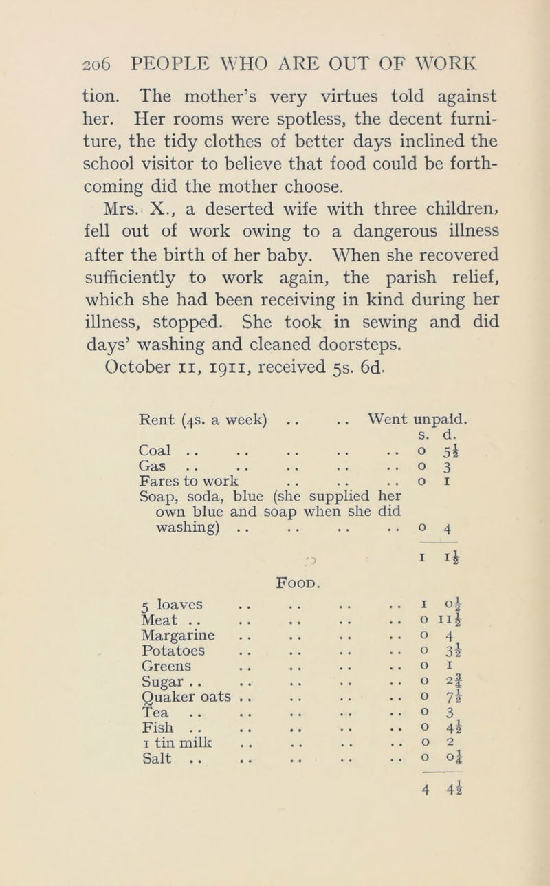 tion. The mother’s very virtues told against her. Her rooms were spotless, the decent furni- ture, the tidy clothes of better days inclined the school visitor to believe that food could be forth- coming did the mother choose. Mrs. X., a deserted wife with three children, fell out of work owing to a dangerous illness after the birth of her baby. When she recovered sufficiently to work again, the parish relief, which she had been receiving in kind during her illness, stopped. She took in sewing and did days’ washing and cleaned doorsteps. October n, 1911, received 5s. 6d. Rent (4s. a week) .. . . Went unpaid. s. d. Coal .. • • • • • • 0 5i Gas . . .. • • . . • • 0 3 Fares to work • • • • • , 0 1 Soap, soda, blue (she supplied her own blue and soap when she did washing) . . • • 0 4 1 Food. 5 loaves 1 o| Meat 0 Margarine 0 4 Potatoes 0 3i Greens 0 1 Sugar.. 0 2f Quaker oats .. 0 7\ Tea 0 3 Fish 0 42 1 tin milk 0 2 Salt •. .. • • 0 Oj 4 4i