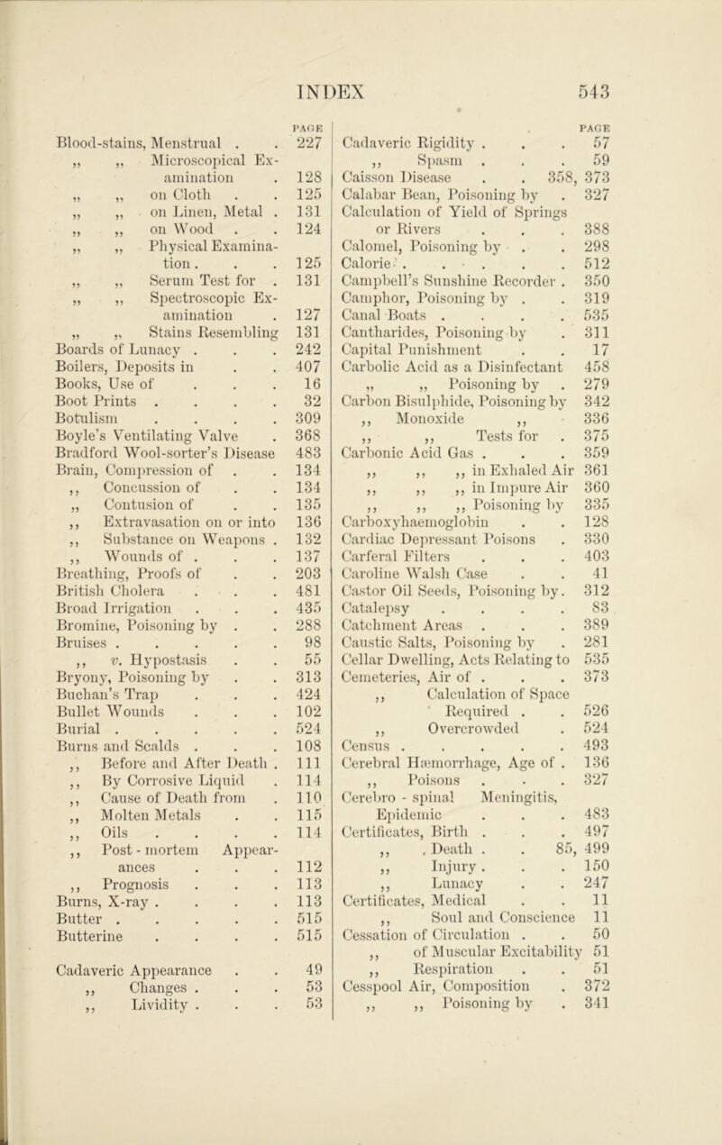 Blood-stains, Menstrual . CAOE 227 „ ,, Microscopical Ex- amination 128 „ ,, on Cloth 125 „ ,, on Linen, Metal . 131 ,, ,, on Wood 124 „ ,, Physical Examina- tion . 125 ,, ,, Serum Test for . 131 „ ,, Spectroscopic Ex- amination 127 „ ,, Stains Resembling 131 Boards of Lunacy . 242 Boilers, Depo.sits in 407 Books, Use of ... 16 Boot Prints .... 32 Botulism .... 309 Boyle’s Ventilating Valve 368 Bradford Wool-sorter’s Disease 483 Brain, Compression of 134 ,, Concussion of 134 „ Contusion of 135 ,, Extravasation on or into 136 ,, Substance on Weapons . 132 ,, Wounds of . 137 Breathing, Proofs of 203 British Cholera 481 Broad Irrigation 435 Bromine, Poisoning by . 288 Bruises ..... 98 ,, V. Hypostasis 55 Bryony, Poisoning by 313 Buchan’s Trap 424 Bullet Wounds 102 Burial ..... 524 Burns and Scalds . 108 ,, Before and After Death . 111 ,, By Corrosive Liquid 114 ,, Cause of Death from 110 ,, Molten Metals 115 ,, Oils .... 114 ,, Post - mortem Appear- ances 112 ,, Prognosis 113 Burns, X-ray .... 113 Butter ..... 515 Butterine .... 515 Cadaveric Appearance 49 ,, Changes . 53 ,, Lividity . 53 PAGE Cadaveric Rigidity . . . 57 ,, Spasm . . .59 Caisson Disease . . 358, 373 Calabar Bean, Poisoning by . 327 Calculation of Yield of Springs or Rivers . . . 388 Calomel, Poisoning by . . 298 Calorie ' . . • . . .512 Campbell’s Sunshine Recorder . 350 Camphor, Poisoning by . .319 Canal Boats .... 535 Cantharides, Poisoning by . 311 Capital Punishment . . 17 Carbolic Acid as a Disinfectant 458 „ „ Poisoning by . 279 Carbon Bisulphide, Poisoning by 342 ,, Monoxide ,, 336 ,, ,, Tests for . 375 Carbonic Acid Gas . . .359 ,, ,, ,, in Exhaled Air 361 ,, ,, ,, in Impure Air 360 ,, ,, ,, Poisoning by 335 Carboxyhaemoglobin . .128 Cardiac Depressant Poisons . 330 Carferal Filters . . .403 Caroline Walsh Case . . 41 Castor Oil Seeds, Poisoning by. 312 Catalei^sy . . . .83 Catchment Areas . . . 389 Caustic Salts, Poisoning by . 281 Cellar Dwelling, Acts Relating to 535 Cemeteries, Air of . . .373 ,, Calculation of Space Required . . 526 ,, Overcrowded . 524 Census ..... 493 Cerebral Ilpeniorrhage, Age of . 136 ,, Poisons . . . 327 Cerebro - spinal Meningitis, Ei)idemic . . . 483 Certificates, Birth . . . 497 y} j j yy . Death . . 85, 499 Injury . . .150 Lunacy . . 247 Certificates, Medical . . 11 ,, Soul and Conscience 11 Cessation of Circulation . . 50 of Muscular Excitability 51 Respiration . . 51 Cesspool Air, Composition . 372 ,, ,, Poisoning by . 341 yy yy